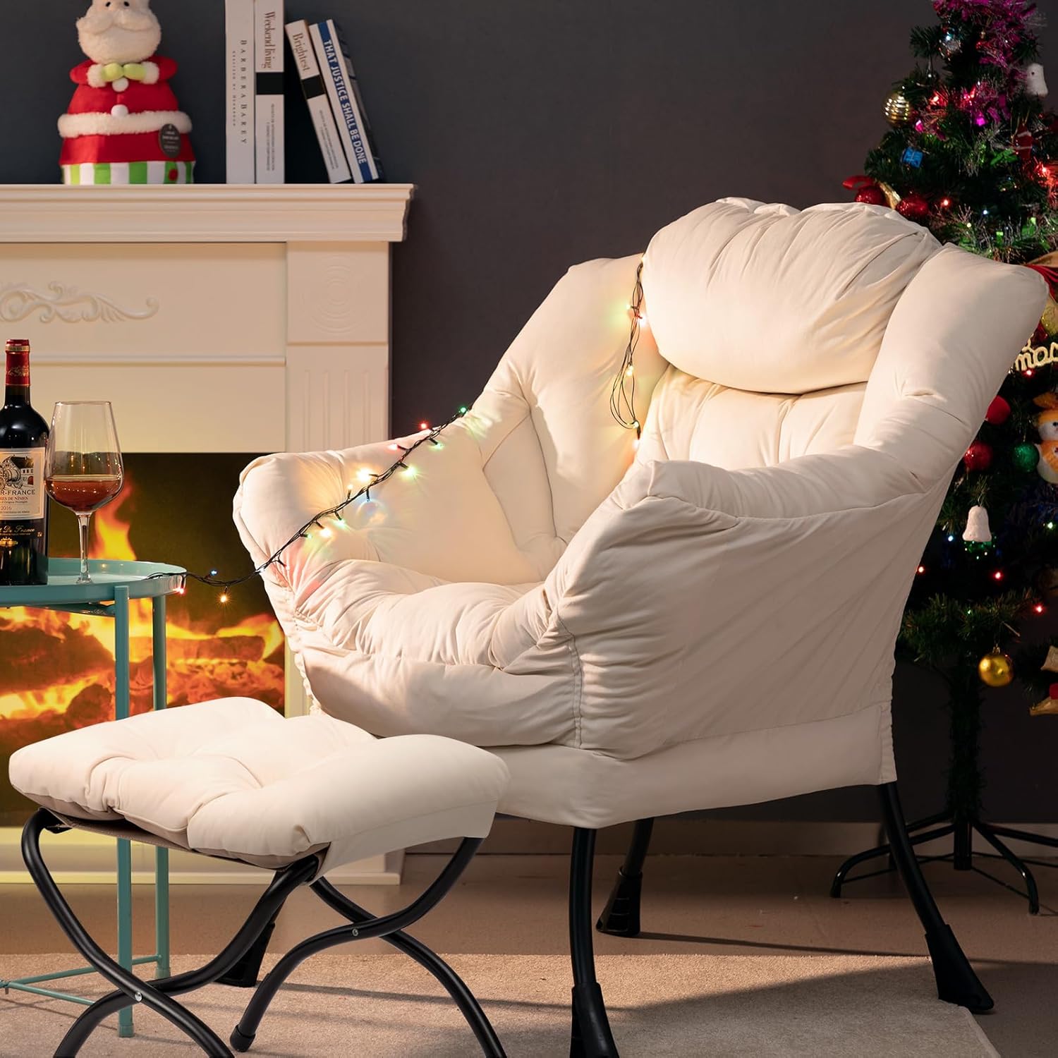 AcozyHom Moderno juego de silla perezosa de tela y reposapiés plegable, sillón contemporáneo y otomano portátil, sofá de ocio con marco de acero y