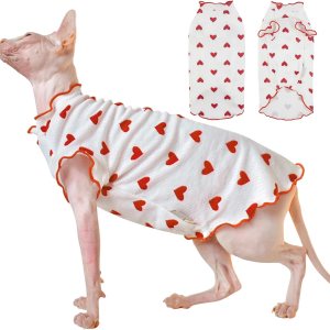 DENTRUN Camisa de gatos sin pelo de Sphynx con patrón de corazón, camisetas de gatito con mangas Perlin, transpirable, lindo suéter adorable sin DENTRUN Camisa de gatos sin pelo de Sphynx con patrón de corazón, camisetas de gatito con mangas Perlin, transpirable, lindo suéter adorable sin