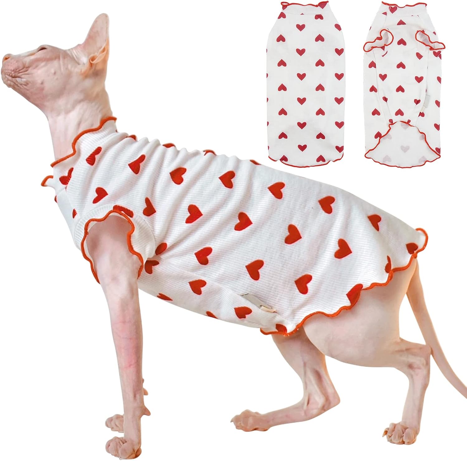 DENTRUN Camisa de gatos sin pelo de Sphynx con patrón de corazón, camisetas de gatito con mangas Perlin, transpirable, lindo suéter adorable sin