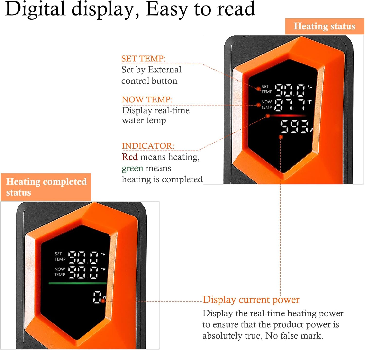 HITOP Calentador de acuario de titanio de 600 W, calentador digital de peces con pantalla LED de temperatura y controlador externo, para pecera