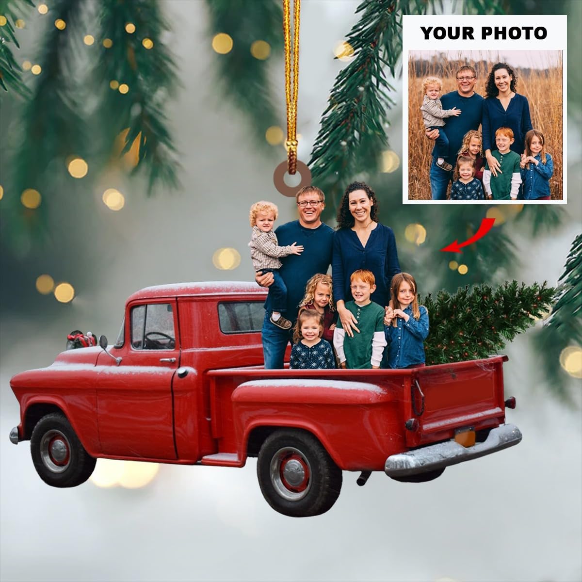 Adorno personalizado para tu foto, adorno de mica con foto personalizada, adorno de Navidad familiar, camión rojo familiar, adorno fotográfico 2023,