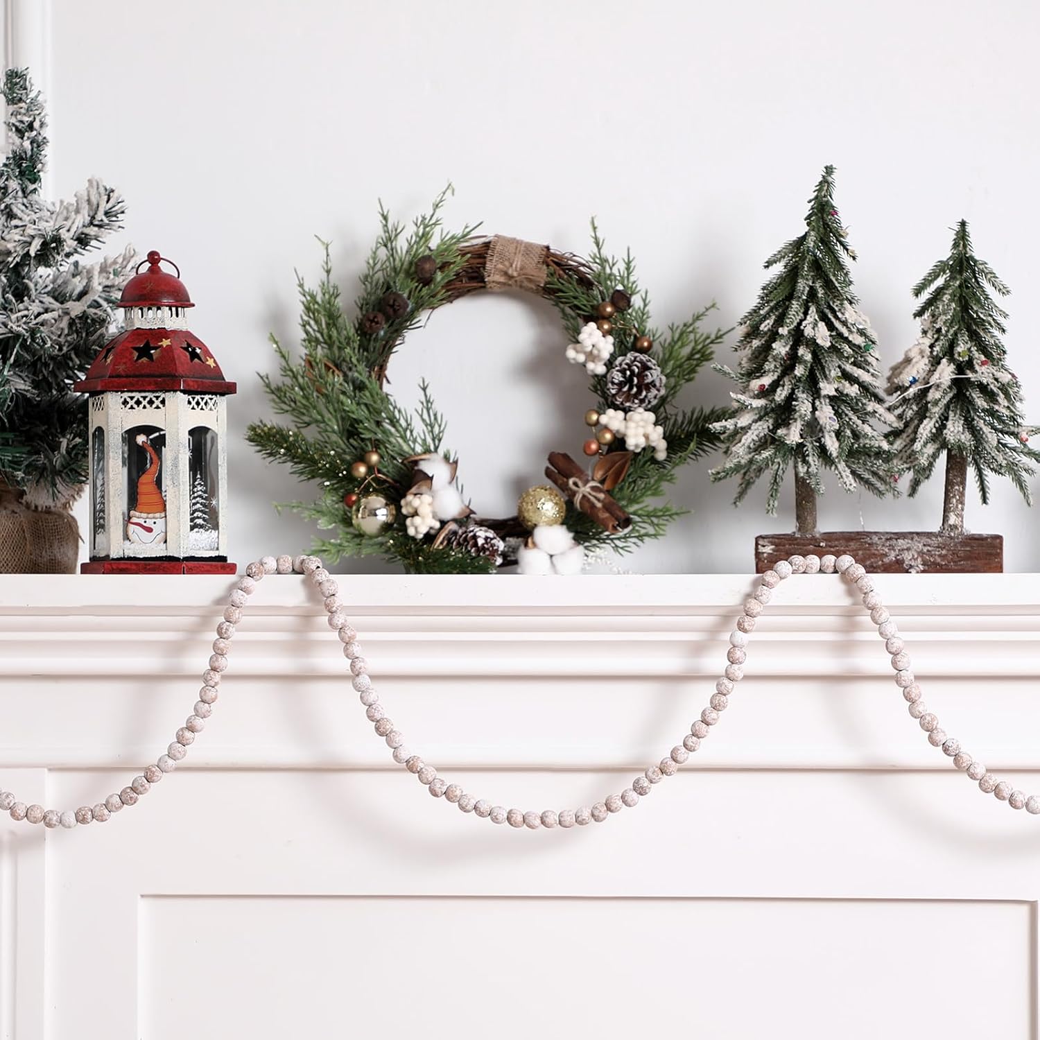 Guirnalda de cuentas de madera de Navidad bohemia de 18 pies, guirnalda de cuentas de madera natural vintage, guirnalda decorativa rústica para