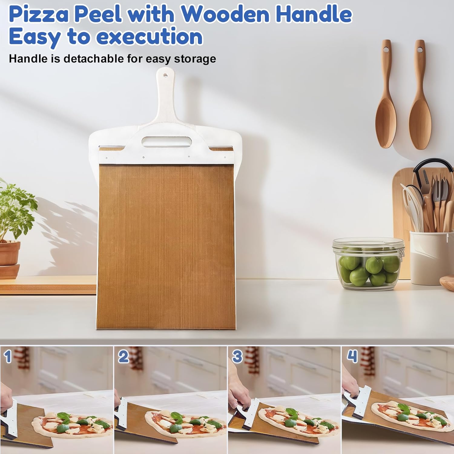 Pala deslizante de pizza para masa de pizza de transferencia súper fácil, pala de pizza sin pegar con asa, pala mágica para pizza, peladura