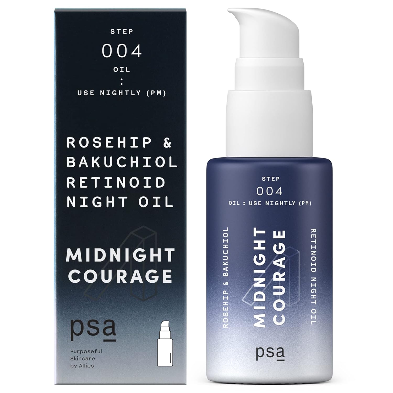 PSA MIDNIGHT COURAGE Aceite de noche retinoide de rosa mosqueta y bakuchiol. Aceite facial para rutina nocturna de cuidado de la piel con complejo