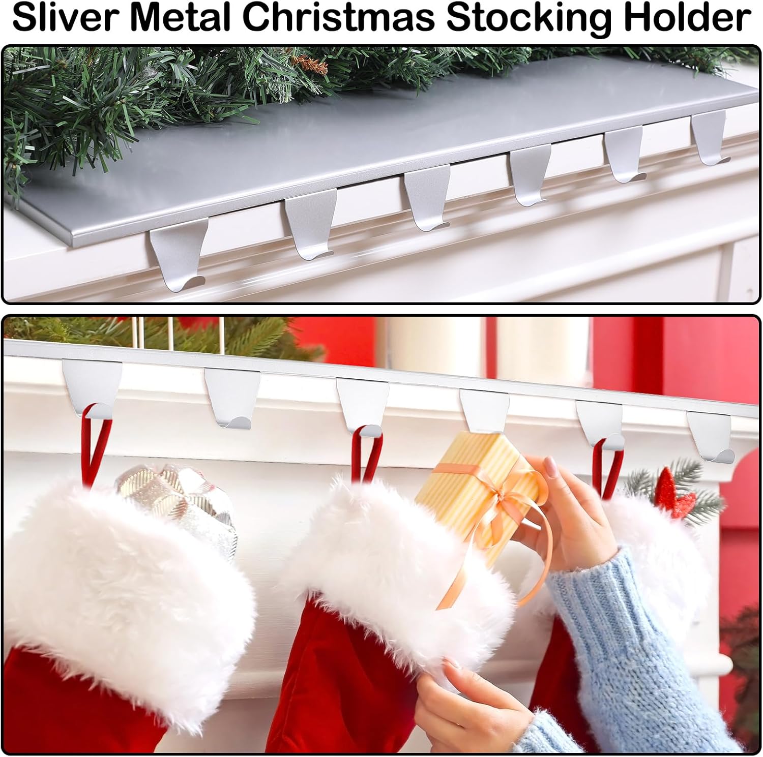 Soporte para calcetines de Navidad con 6 ganchos, ganchos de metal para colgar con almohadillas protectoras, mantel resistente para chimenea,