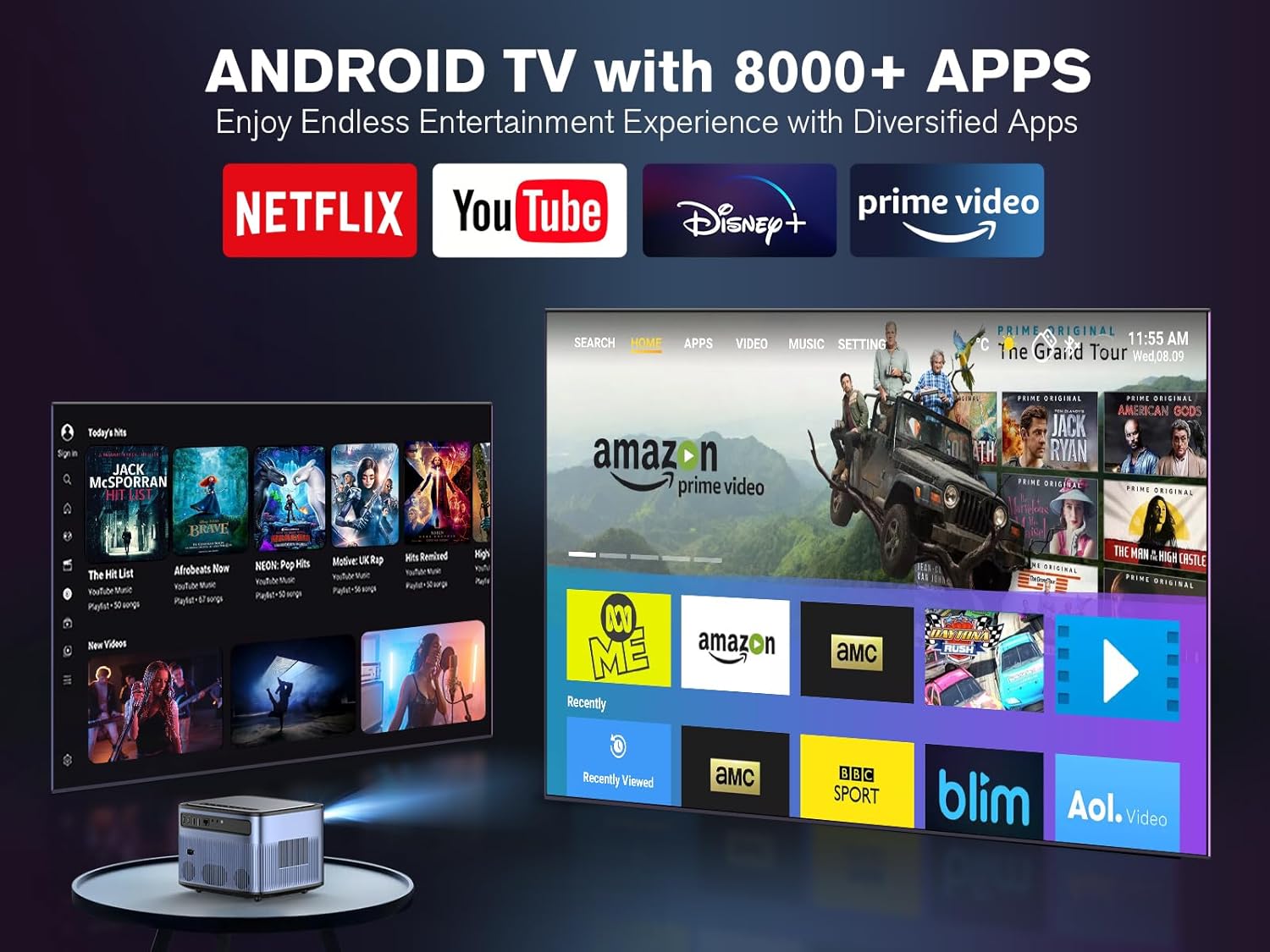 Auto FocusKeystone Proyector de TV Android 4K con Netflix integrado, VIZONY 800ANSI 5G WiFi Bluetooth proyector para exteriores, proyector de