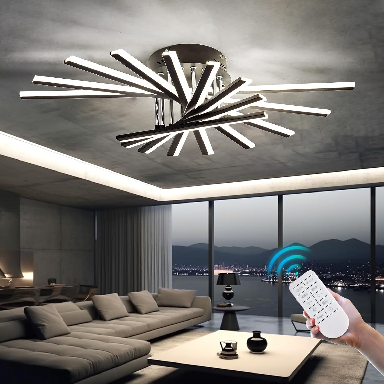 9 Lights Modern LED Sputnik Ceiling Light Fixture with Remote Control 80W Dimmable Black Flush Mount Chandelier 29.92in Acrylic Ceiling Light for
