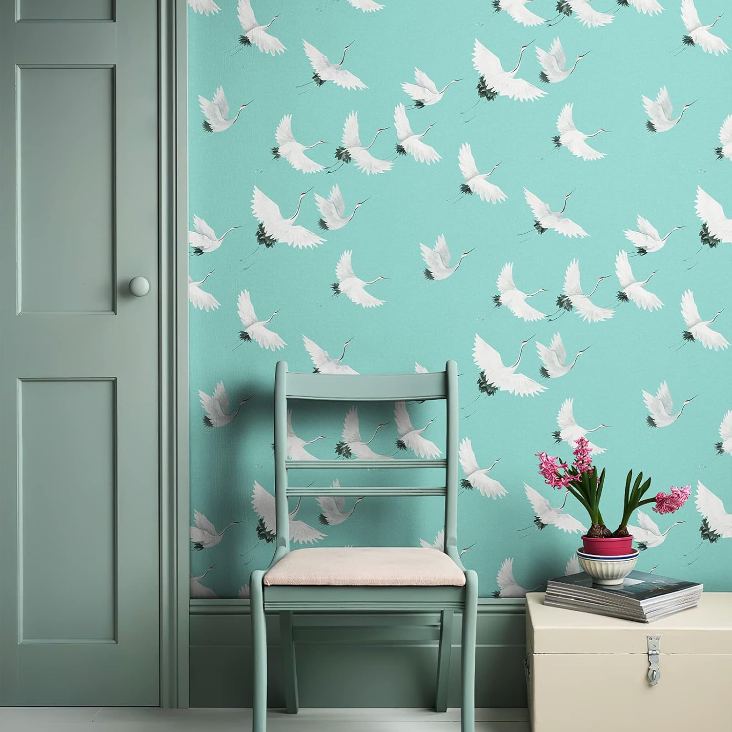 Papel tapiz azul para despegar y pegar, papel tapiz japonés verde de 118 x 17.3 pulgadas, papel tapiz para dormitorio, cocina, baño