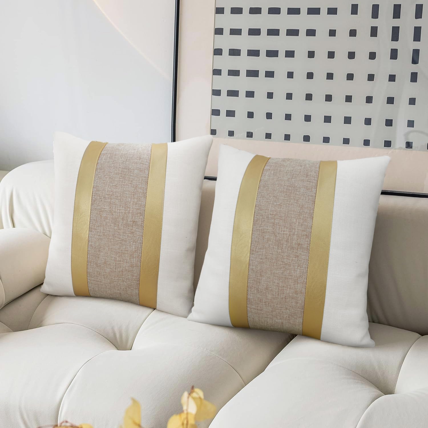 Juego de 2 fundas de almohada de piel sintética y algodón de 18 x 18 pulgadas, fundas de almohada decorativas blancas y camello con retazos de rayas