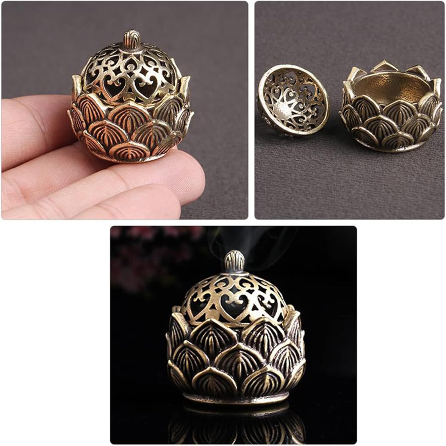Lotus – Soporte para incienso de latón, mini quemador de incienso de latón, soporte para varillas de incienso, vintage, calado, flor de loto,