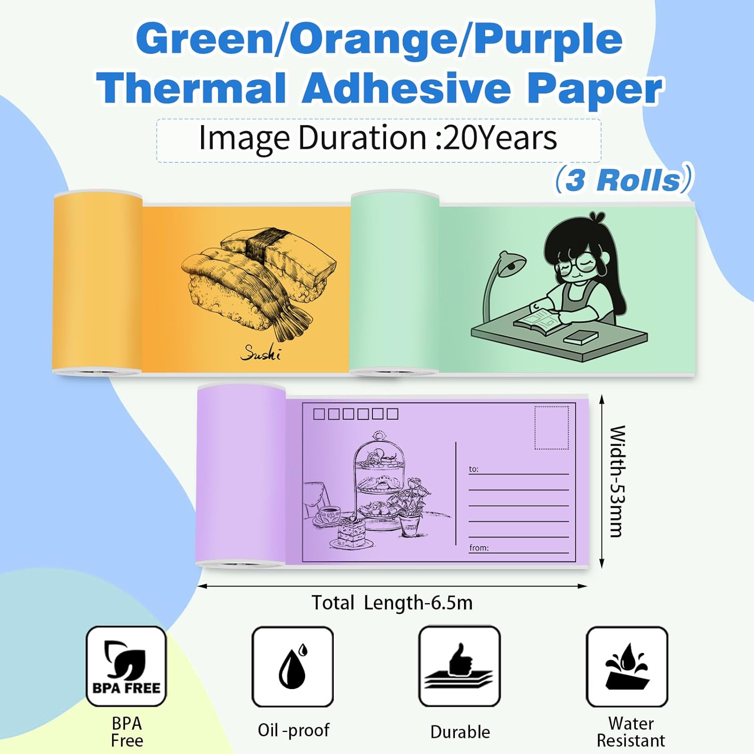 Zoolion Papel de impresora térmica, rollos de papel térmico autoadhesivos coloridos, papel adhesivo blanco para impresora M02XT02 de 20 años, papel