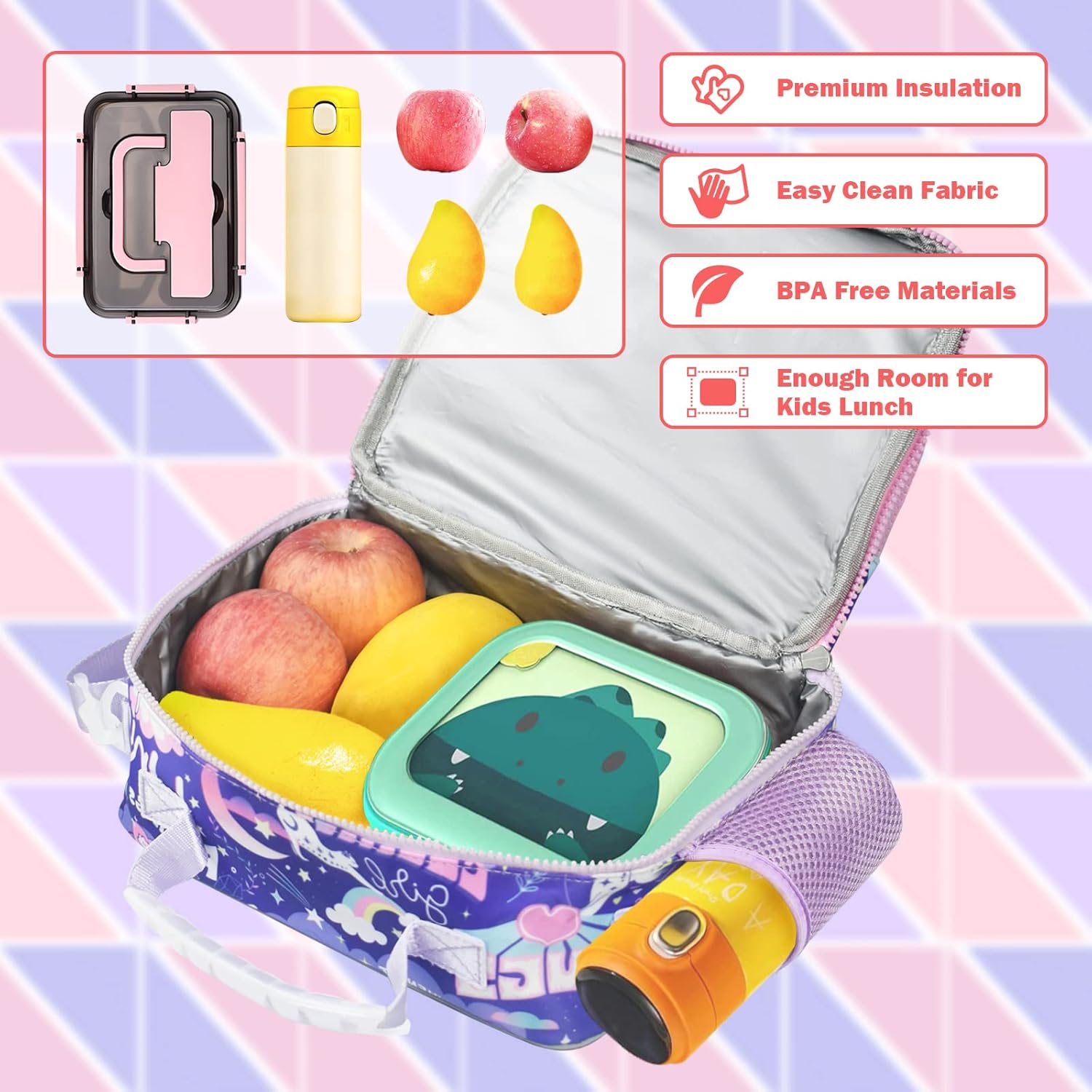 Purple Cat – Lonchera unisex para niños y niñas, de aluminio, con soporte para botella de agua, aislada, sin BPA, fácil de limpiar, gran habitación