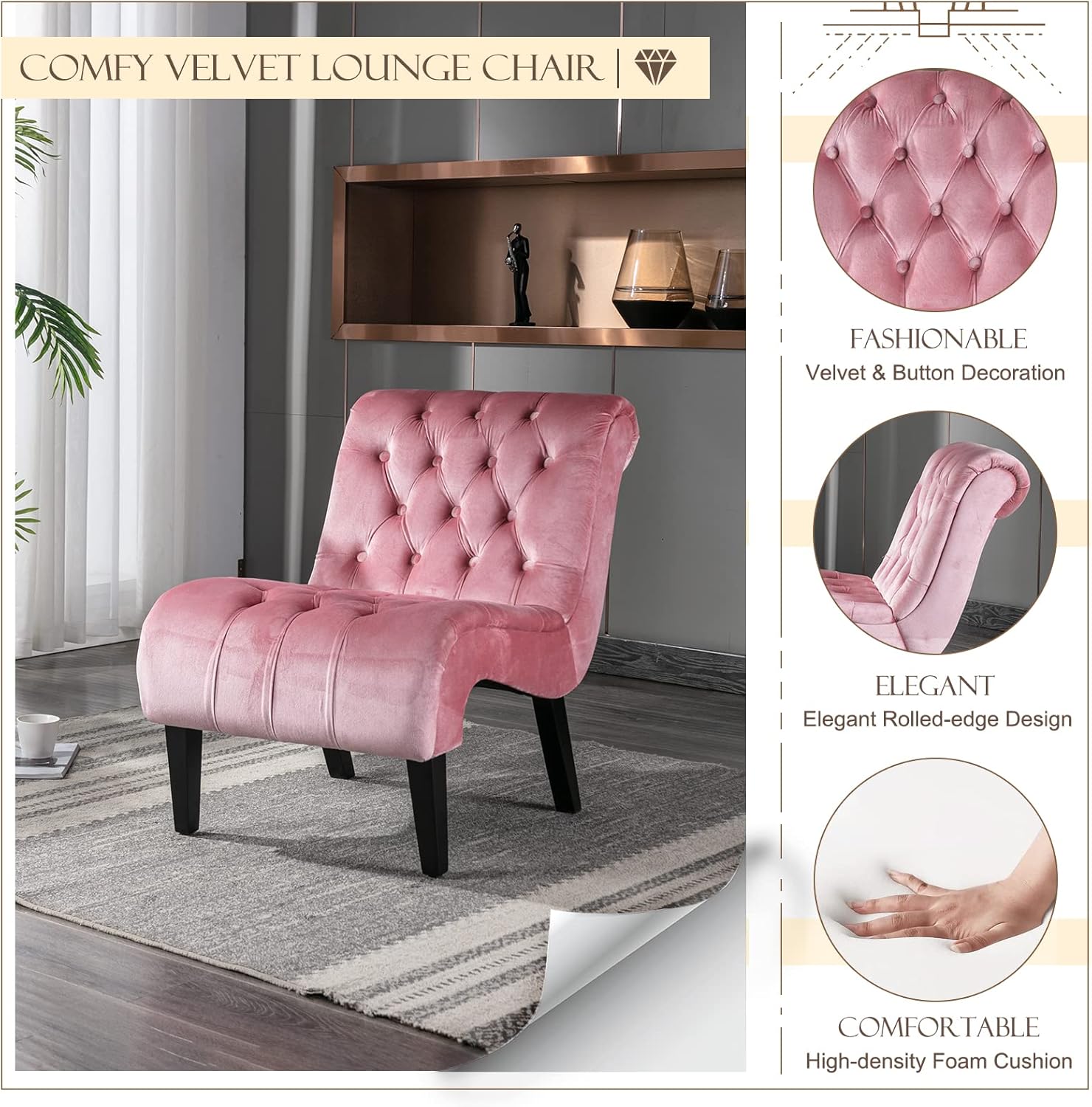 KINFFICT Sillón decorativo de terciopelo para sala de estar, silla de ocio moderna con respaldo copetudo, silla auxiliar sin brazos para interiores,