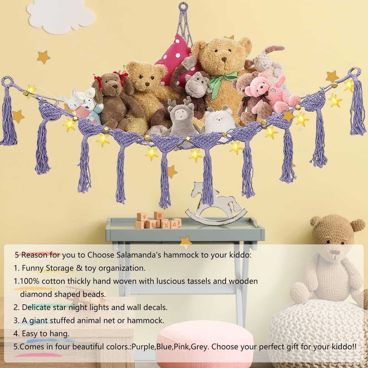 Salamanda Red de animales de peluche o hamaca con calcomanía de pared y luz LED de estrella, hamaca de juguete bohemia colgante de red de