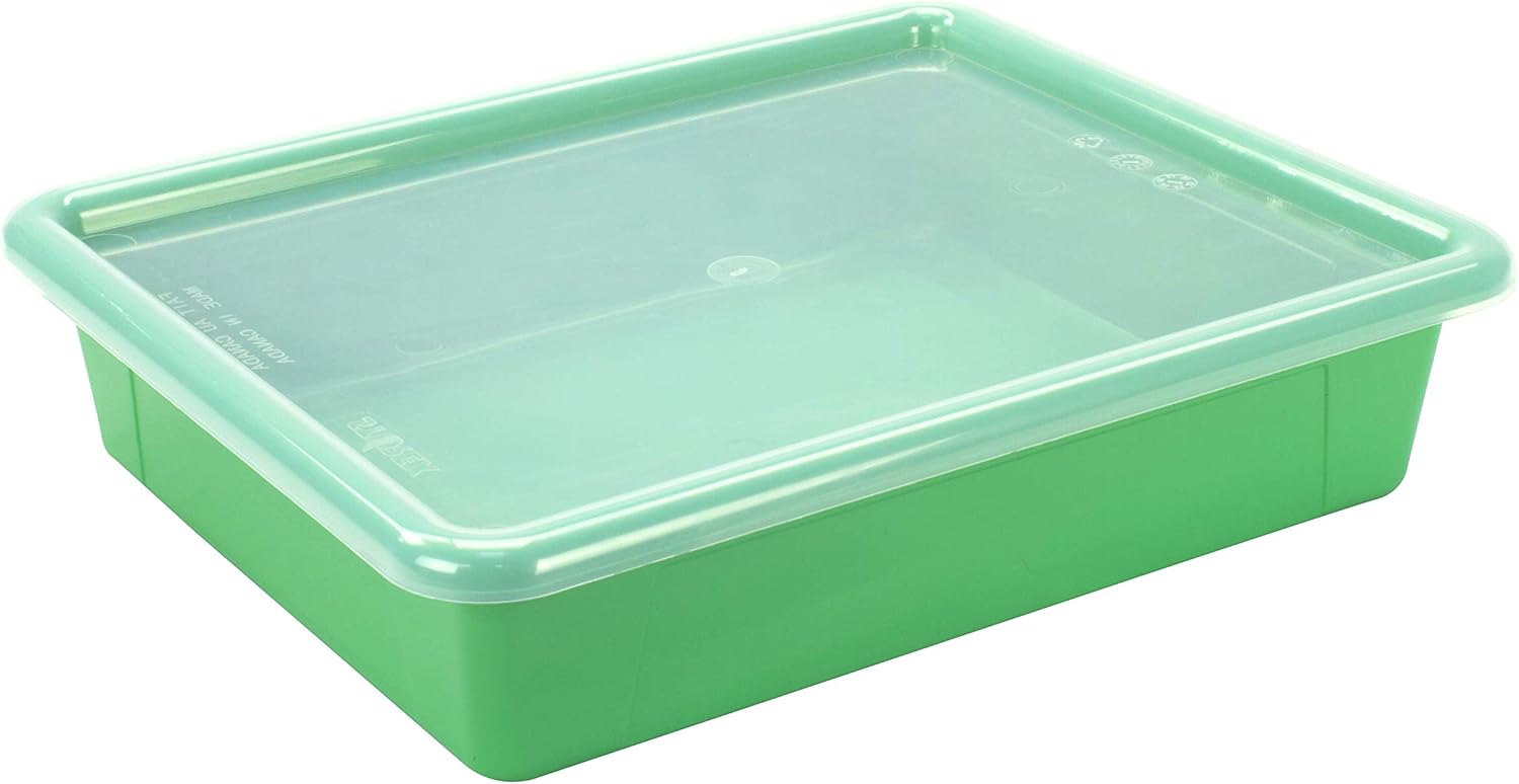 Storex Bandeja de almacenamiento plana tamaño carta, contenedor organizador con tapa sin broches para aula, oficina y hogar, verde, paquete de 5