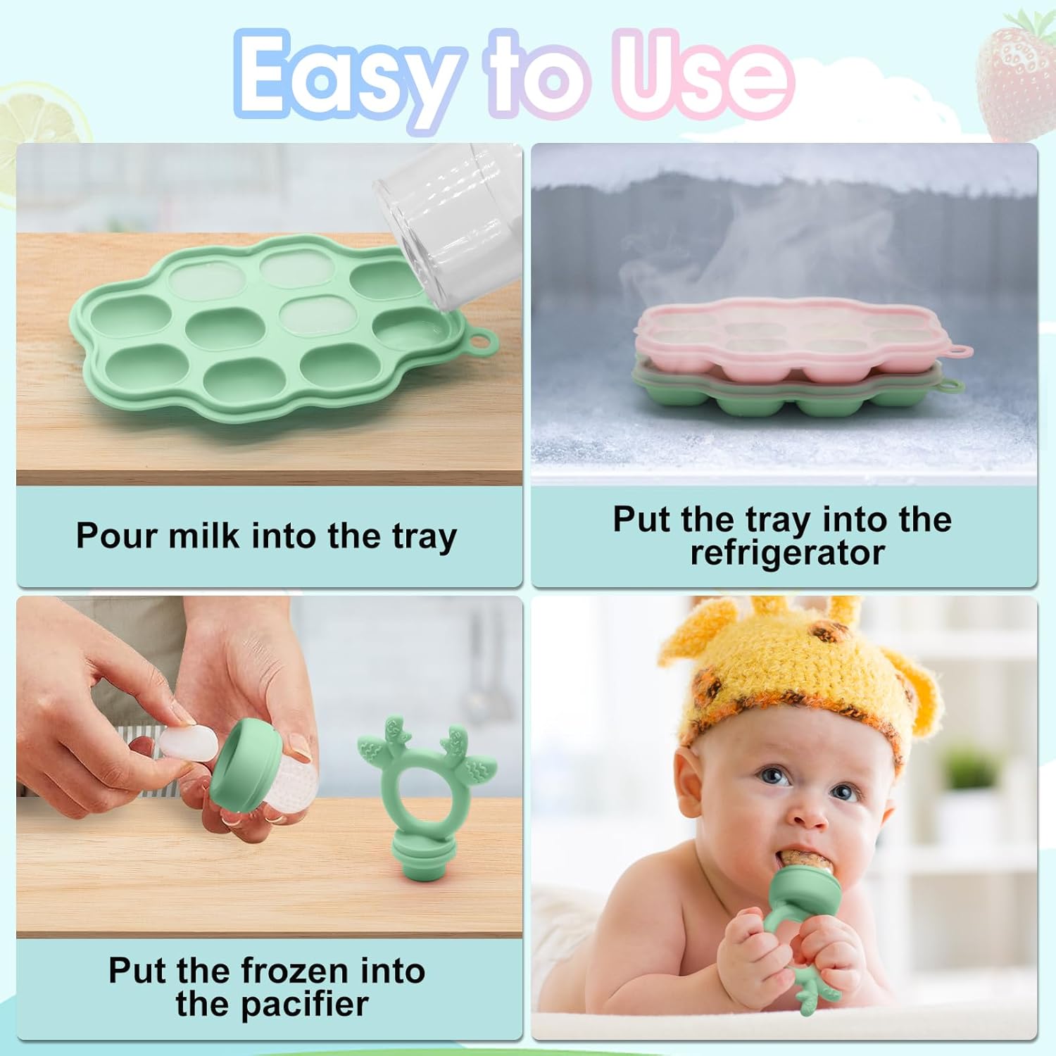 2 juegos de moldes de silicona para paletas de leche materna con alimentador de alimentos para bebés, sin BPA, chupete con bandeja de hielo