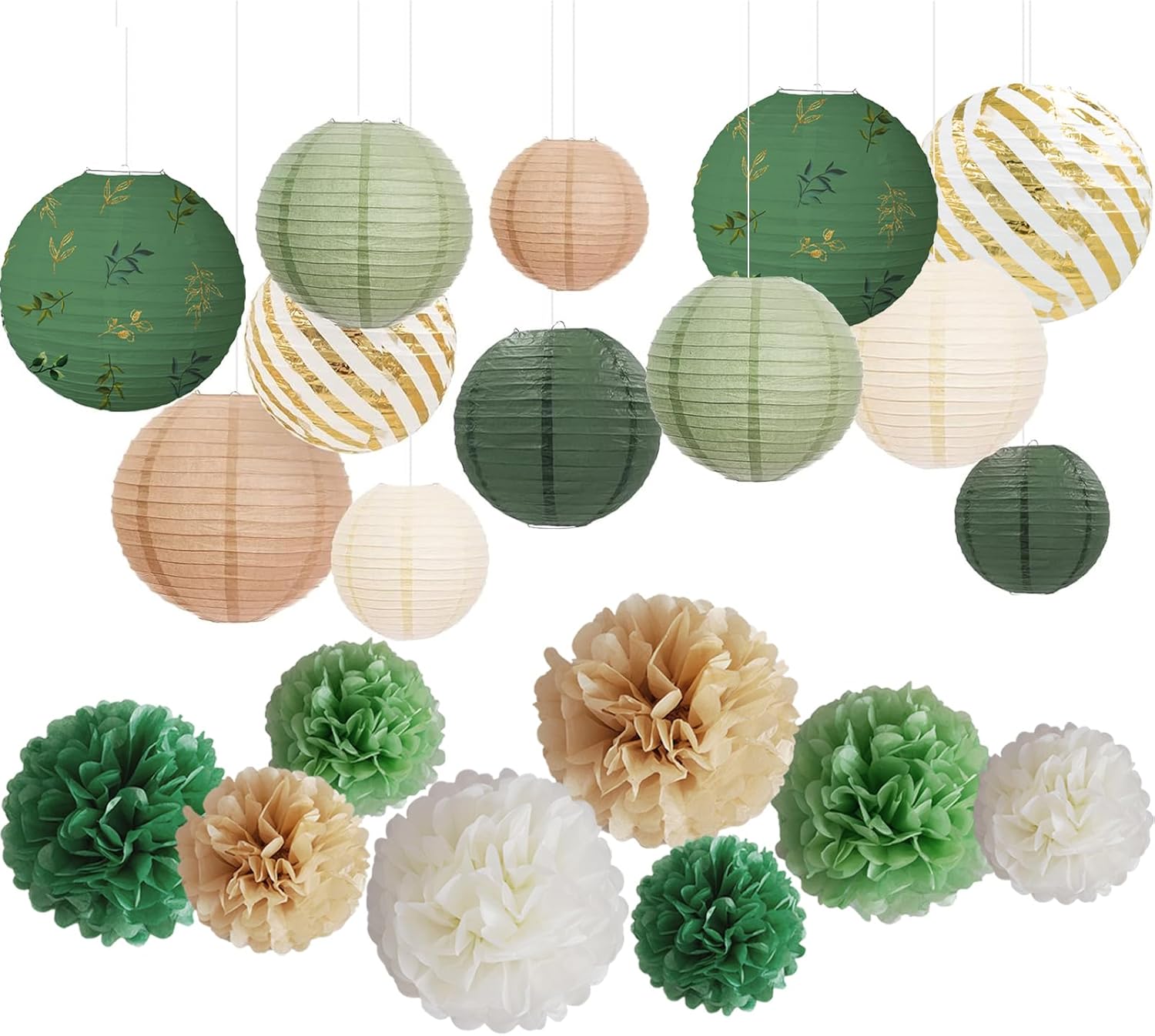 20 linternas de papel verde para decoración de fiesta, pompones, colgantes, color verde salvia, marrón, decoración de papel para fiesta, boda, baby