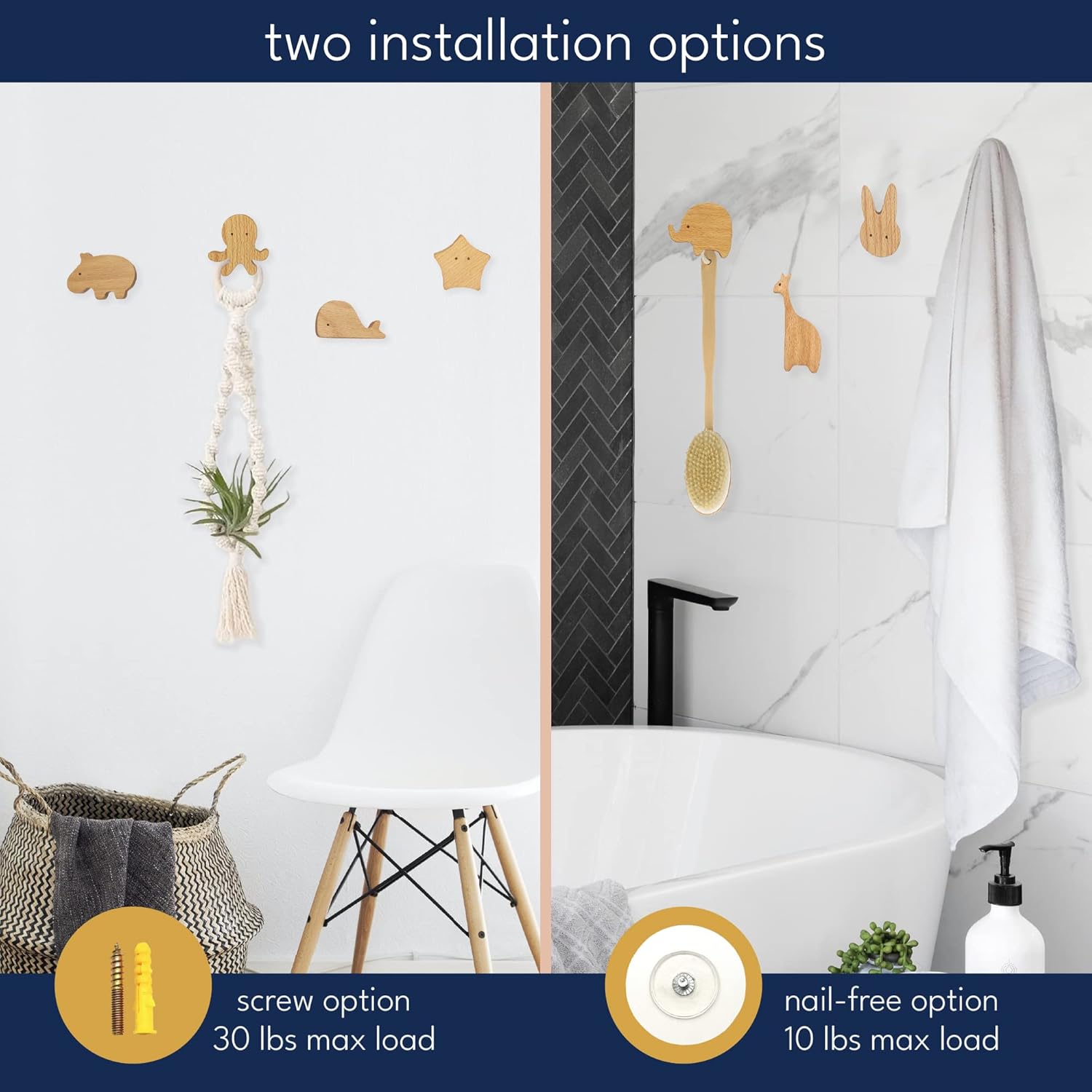 Bonitos ganchos de pared de madera de animales  5 x animales terrestres  Ganchos decorativos para colgar abrigos, sombreros, bolsos, mochilas,