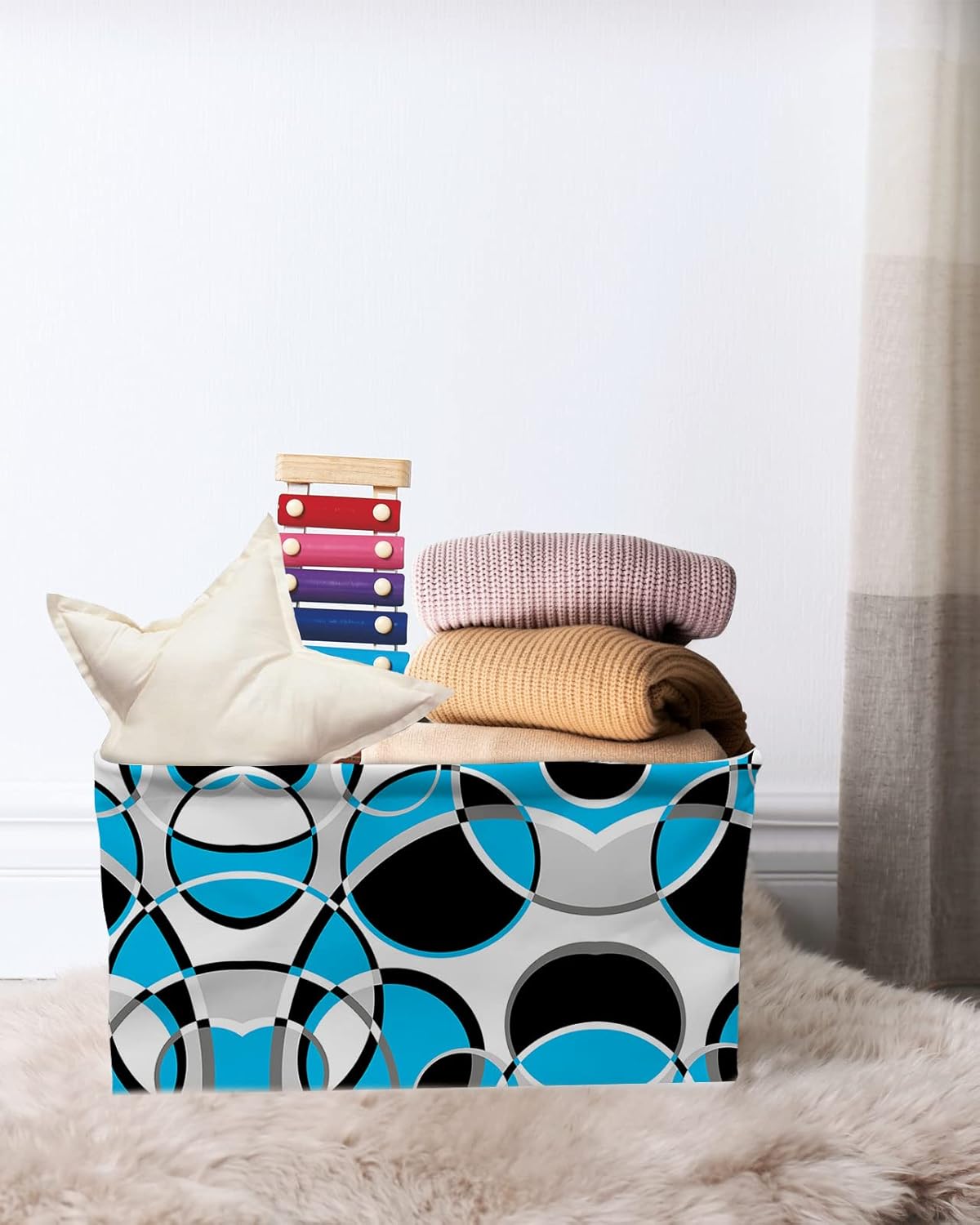Blue Black Geometric Storage Basket for Organizing Shelves, Collapsible Storage Bins Boxes with Handle, Modern White Abstract Art Canvas Hamper