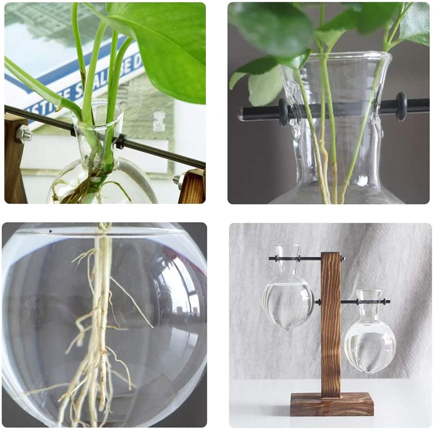 Jarrón de cristal para maceta, kit de terrario para plantas de escritorio con soporte de madera maciza retro para plantas hidropónicas, hogar,