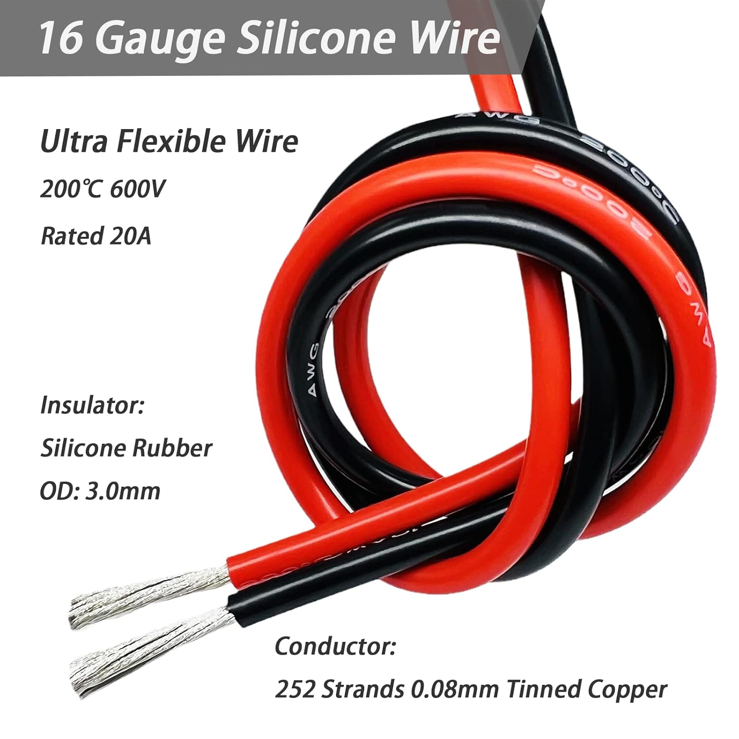 Dastard Cable trenzado de silicona de 16 AWG, carrete rojo de 100 pies, cable flexible para automóviles calibre 16, alambre de cobre estañado