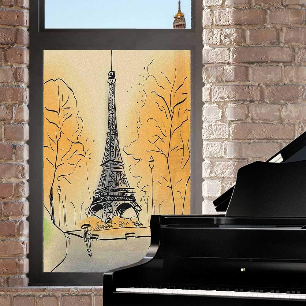 Película de privacidad para ventana de París, torre Eiffel con hojas de otoño en efecto de boceto, punto de referencia navideño, película de vidrio