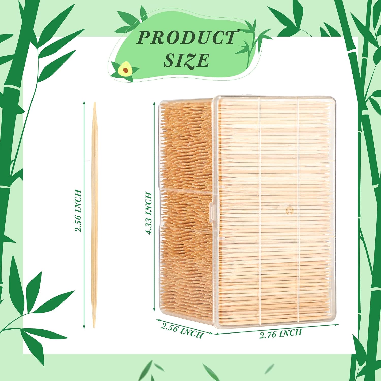 Jerify 12000 palillos de madera de bambú redondos de doble cara con caja de almacenamiento de plástico transparente para aperitivos, parrilladas de