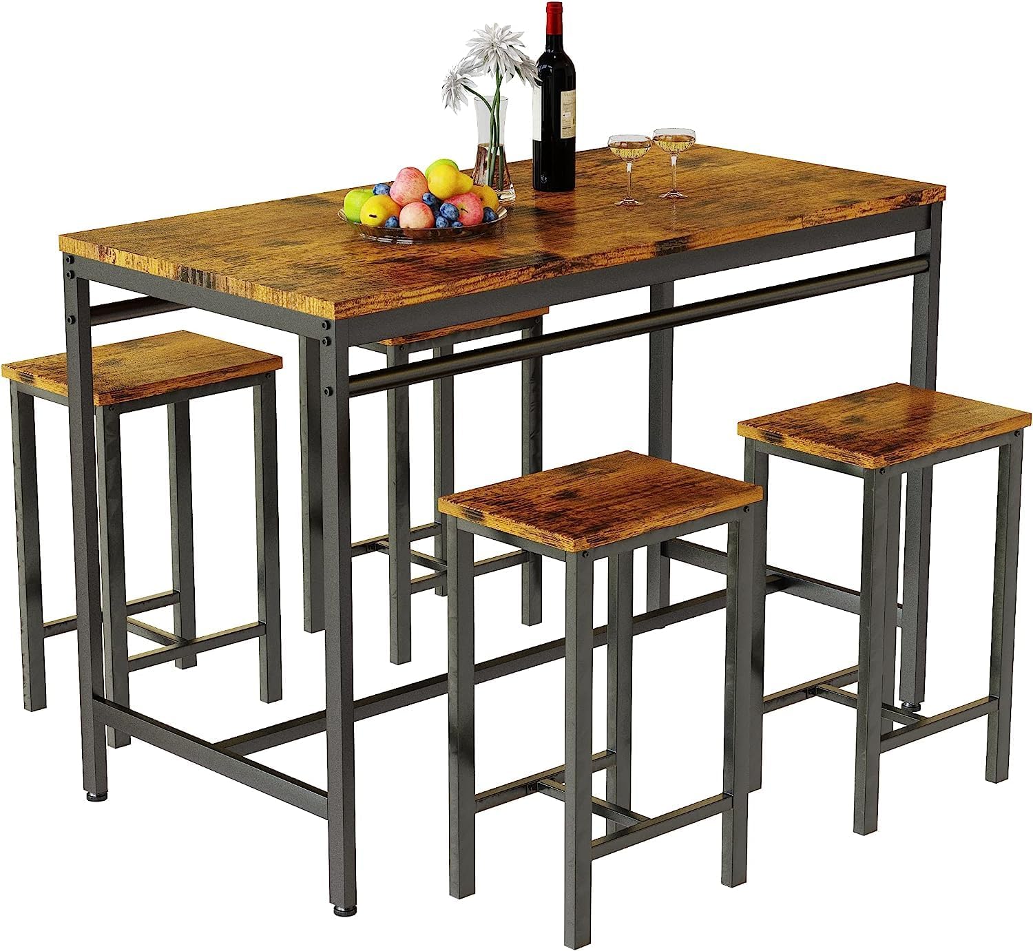 Hooseng Juego de mesa de comedor de 5 piezas, mesa de comedor moderna de altura de barra y juego de bar con 4 sillas, juego de mesa de cocina y