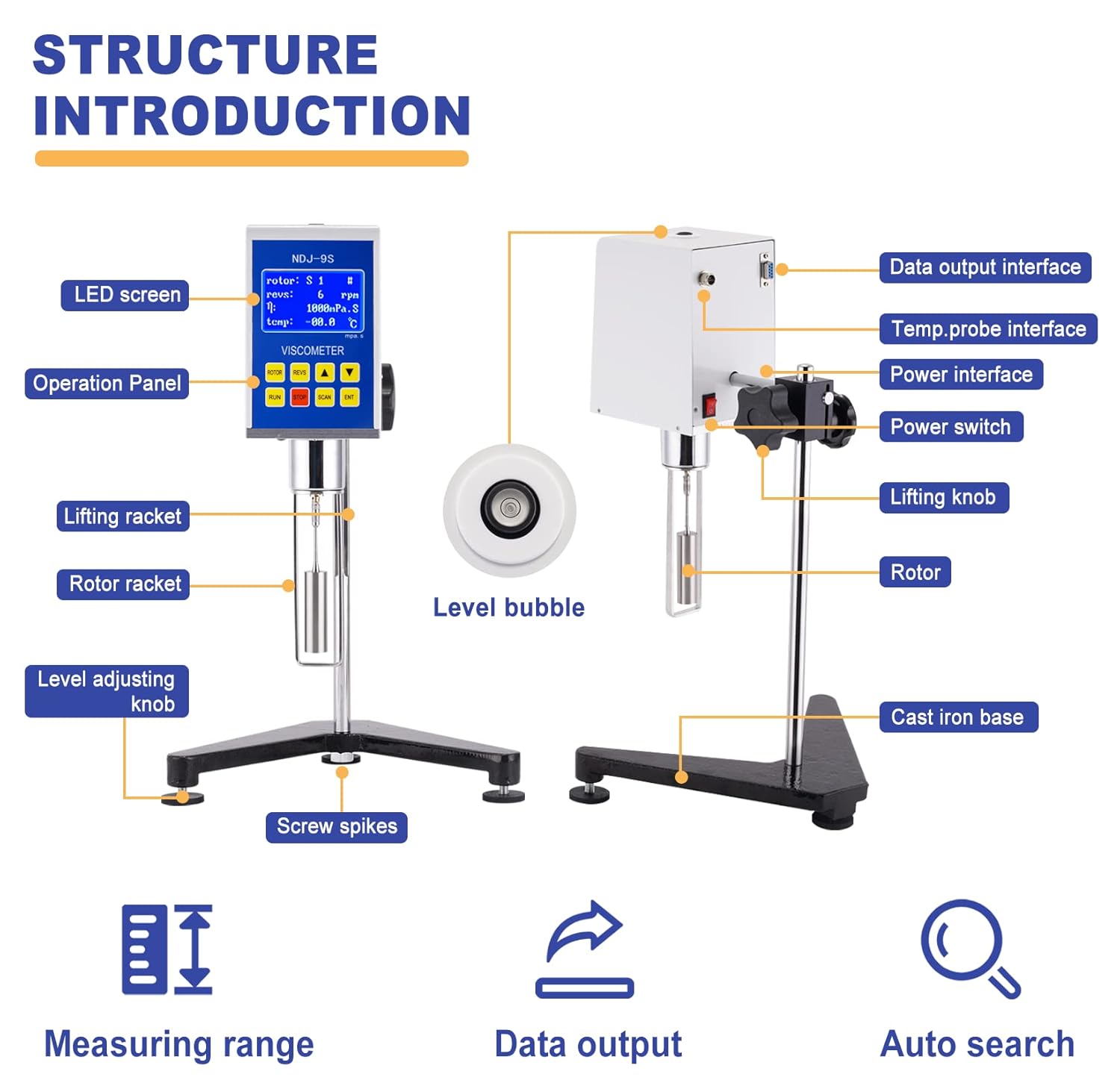 Saladulce Viscómetro rotatorio digital con sonda de temperatura, viscosímetro de laboratorio con salida de datos, 10-6, 000,000 mPa.s Probador de