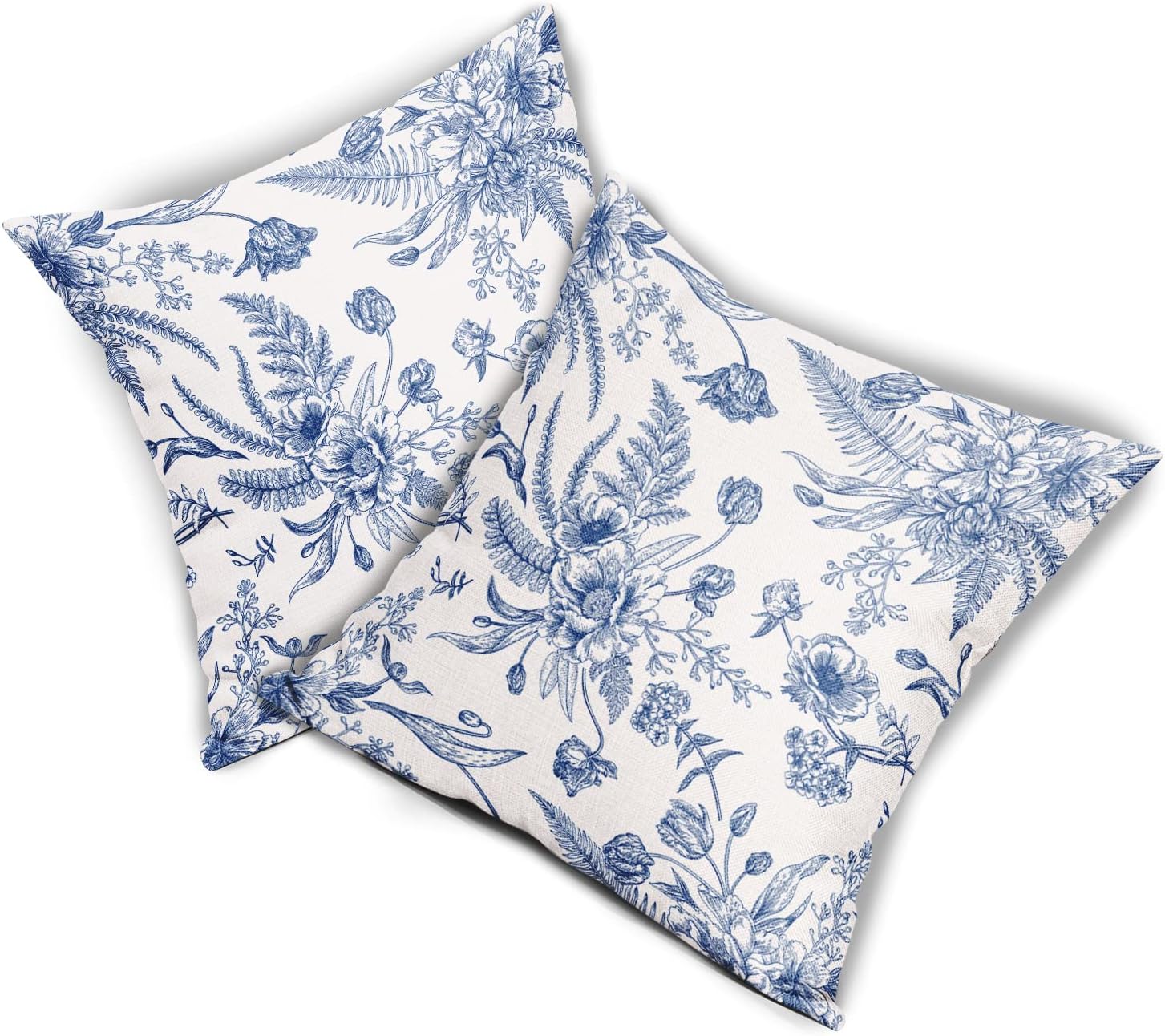 Juego de 2 fundas de almohada de flores azules de 18 x 18 pulgadas, color blanco y azul, fundas de almohada de lino decorativas para exteriores,