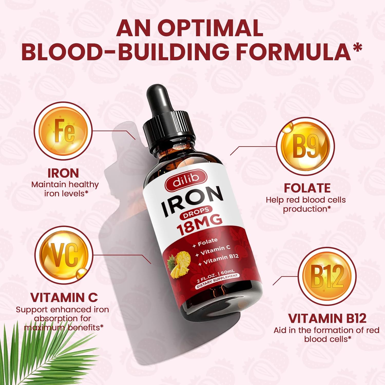 Suplemento de hierro líquido para mujeres y hombres, suplementos de hierro para anemia con folato, vitamina C, B12 para soporte de glóbulos rojos,