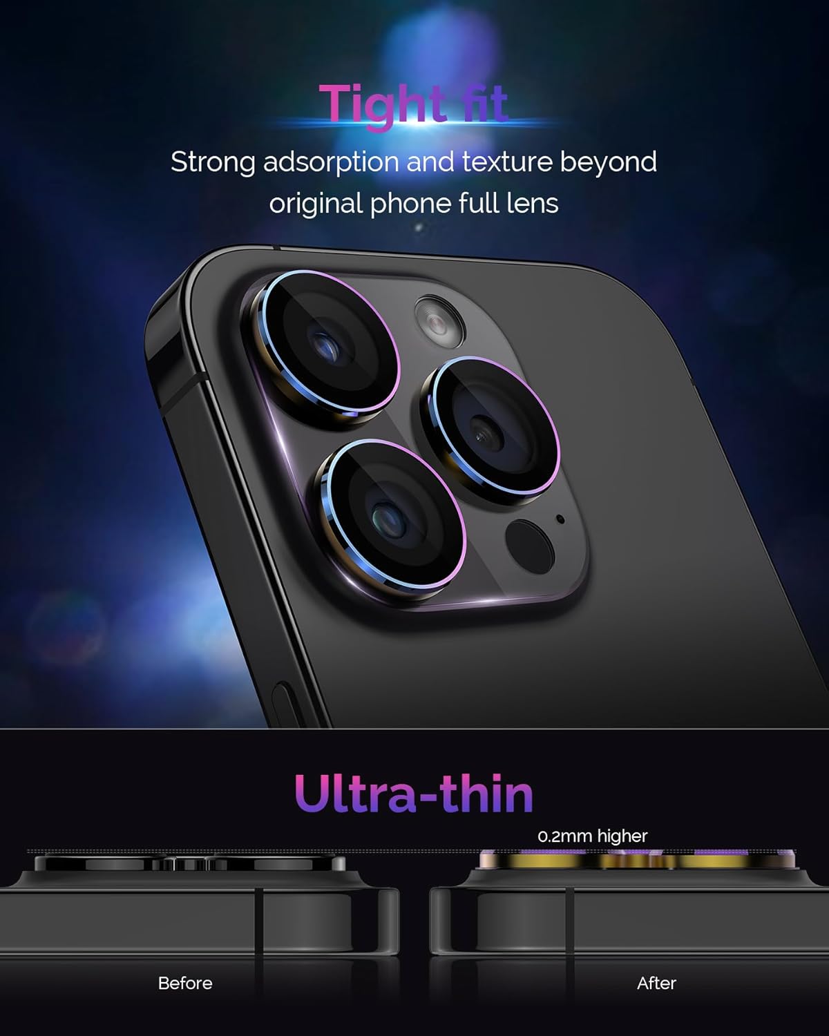 Diseño para iPhone 15 ProiPhone 15 Pro Max, protector de lente de cámara, cobertura completa Disparo nocturno HD 9H vidrio templado acrílico