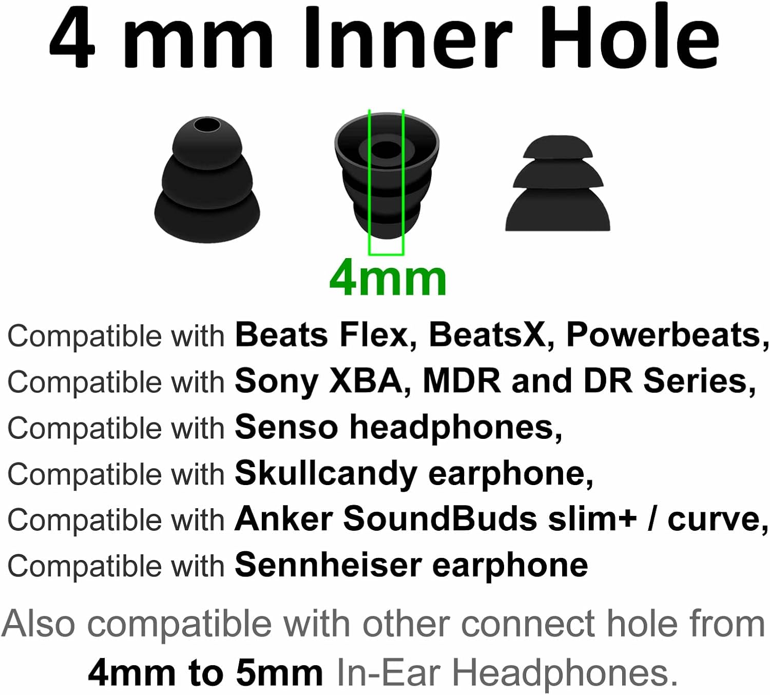 9 pares de puntas de oreja de triple brida con aislamiento de ruido, tapones de gel con orificio interior de 0.157 in para diámetro interior de