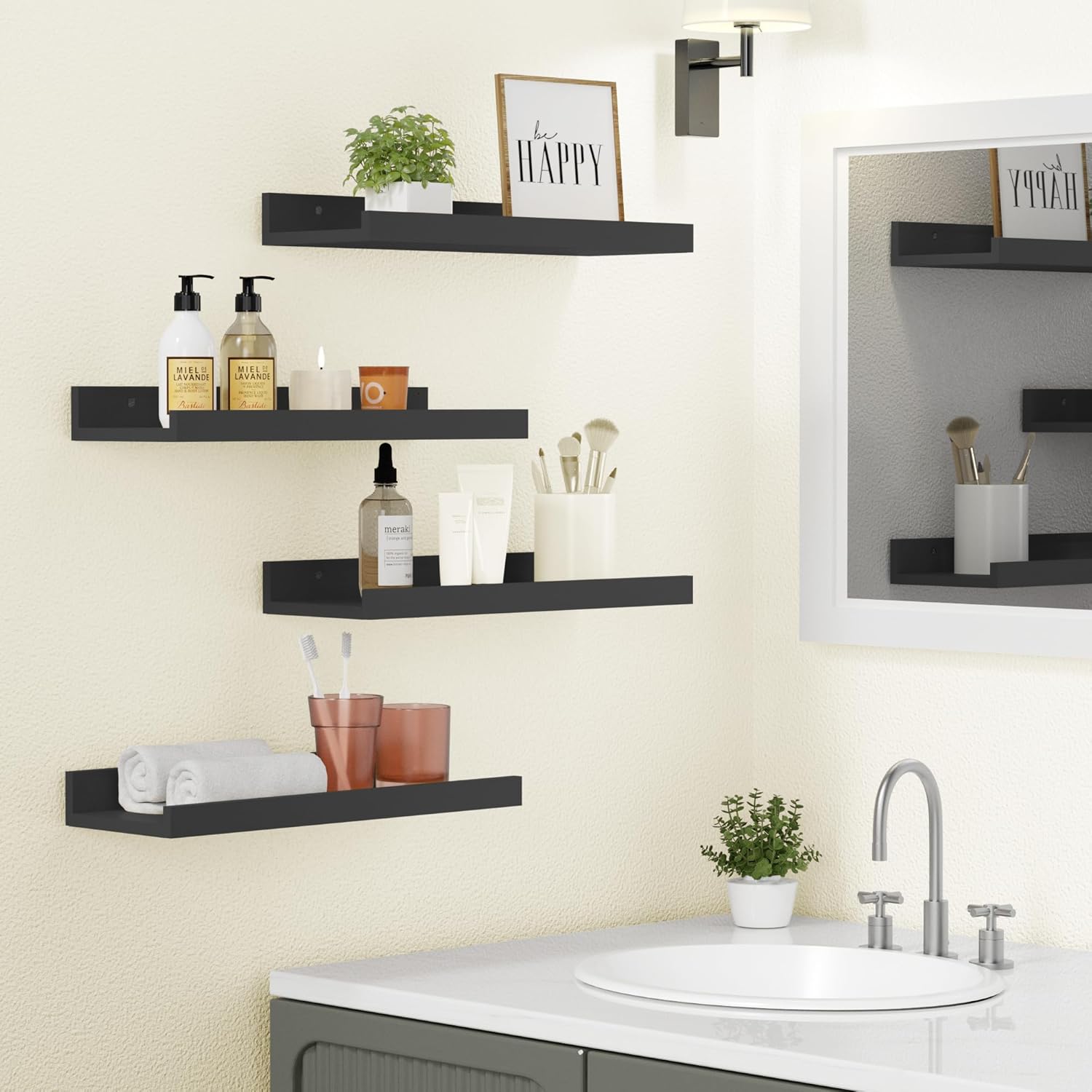 Xeapoms Juego de 4 estantes flotantes para pared, estantes de pared de exhibición para decoración de pared, estantes de baño montados en la pared