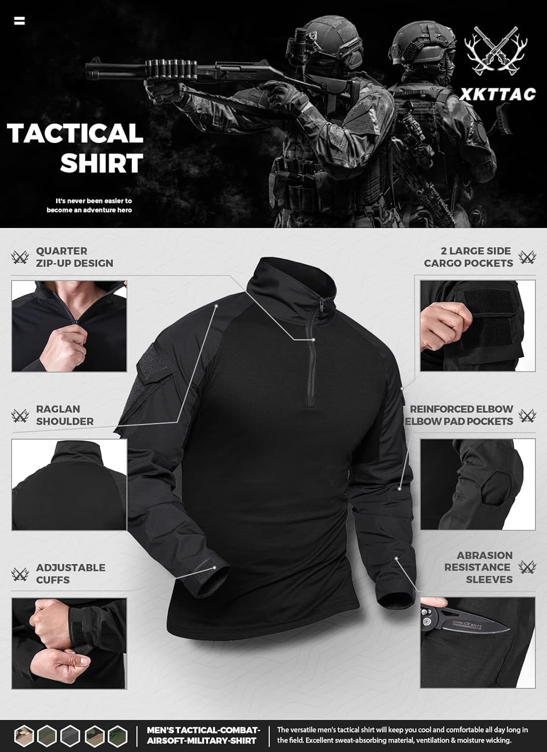 XKTTAC – Camiseta táctica de combate G3 para hombre con 2-4 bolsillos para Airsoft, actividades militares, paintball, equipo de camping, camiseta