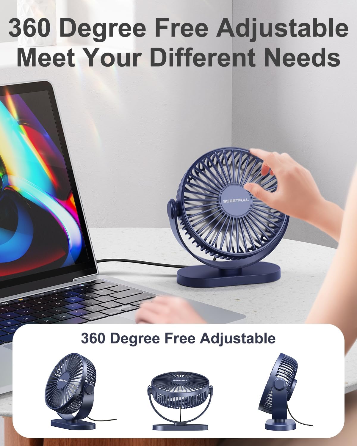 SWEETFULL Ventilador de escritorio USB pequeño silencioso  3 velocidades, mini ventilador portátil personal de rotación de 360 ajustable, accesorios