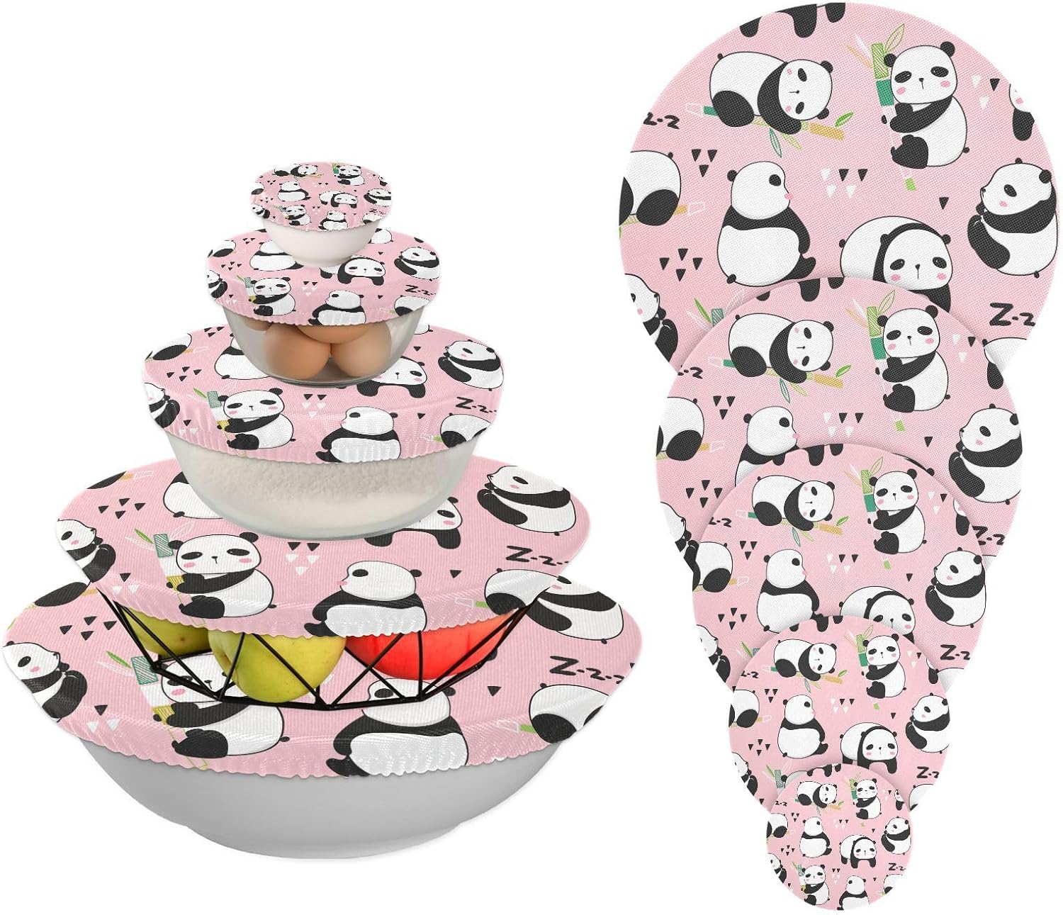 Panda – 5 fundas elásticas reutilizables para tazones para almacenamiento de alimentos, tapas de tela elástica con 5 tamaños diferentes de tapas de