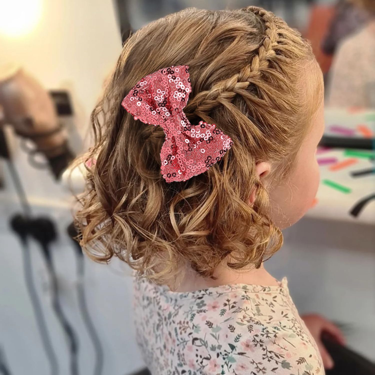 Love Fairy – Horquilla de lazo con purpurina de 3 pulgadas, pinza de pelo con lentejuelas brillantes para niñas, adolescentes y mujeres (rosa)