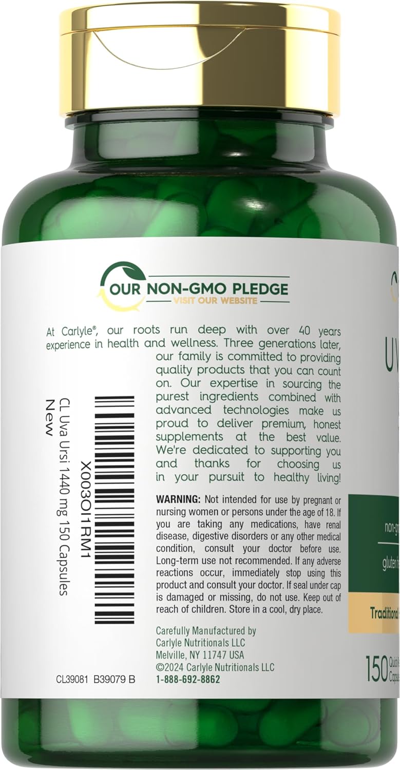 Carlyle Uva Ursi Cápsulas  1440 mg  150 unidades  Extracto de hoja de hierbas  Sin OMG  Suplemento sin gluten