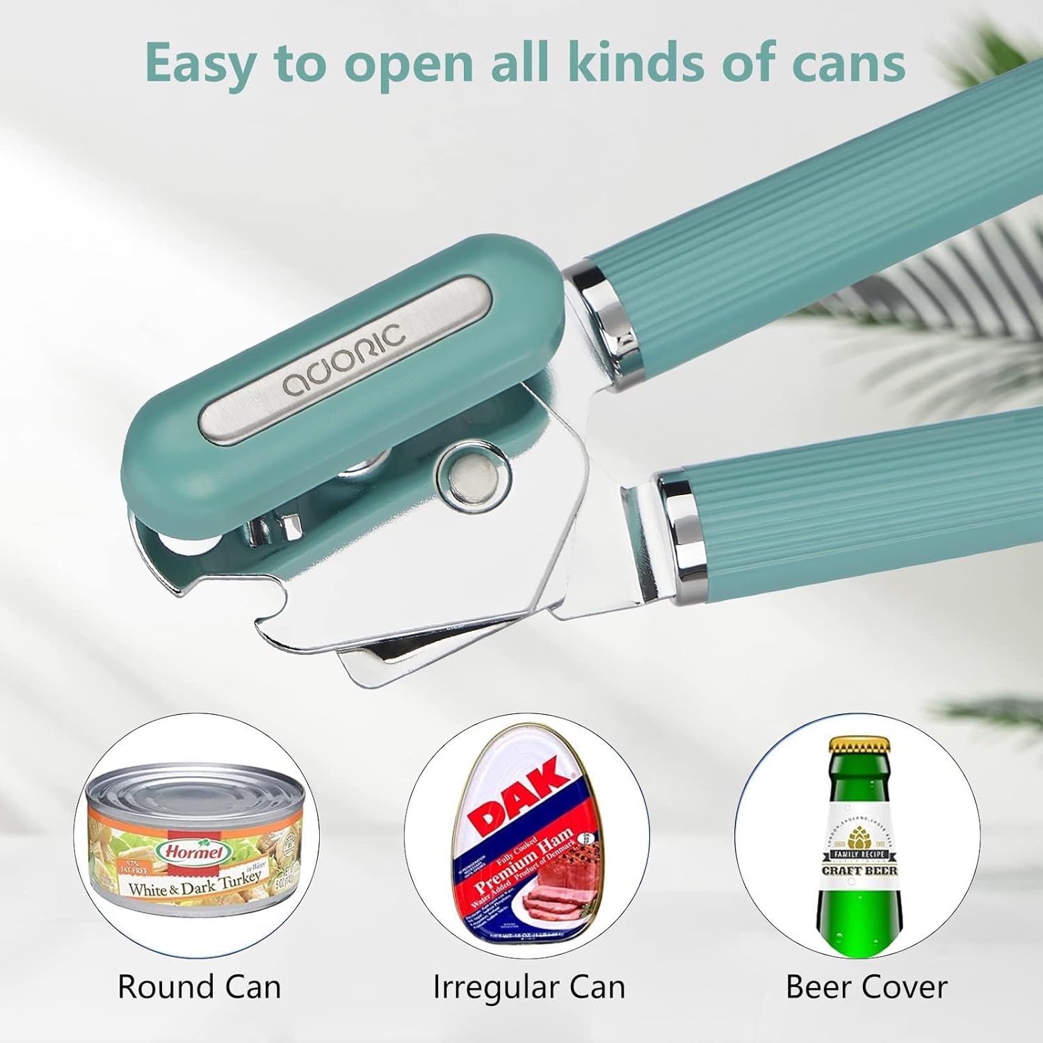 Abrelatas manual, abrelatas de acero inoxidable, apto para alimentos, tapas de lata multifunción con mango antideslizante y perilla grande, borde