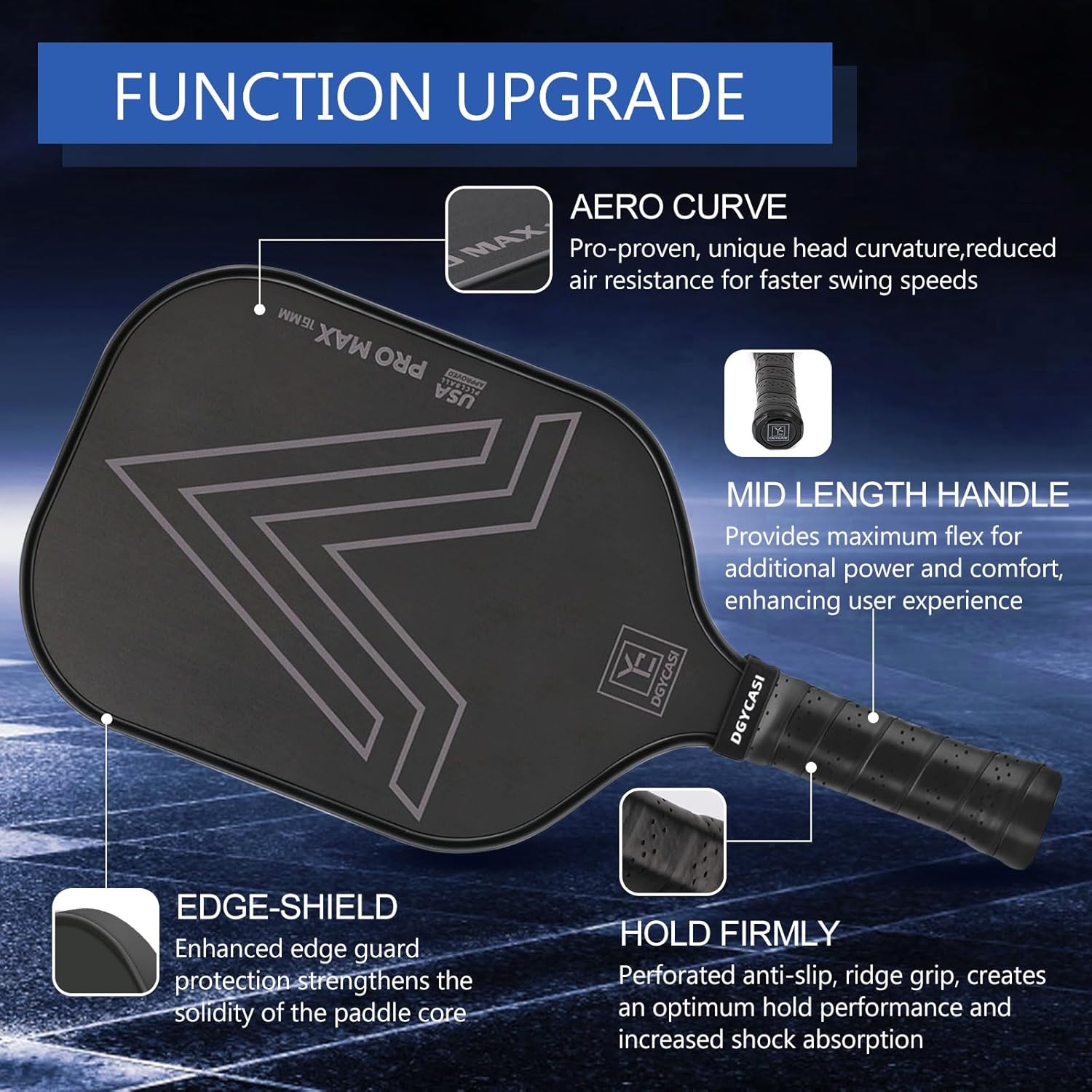YC DGYCASI 16mm Pickleball Paddles Professional, 2024 USAPA Approved T700 Carbon Fiber Surface Pickle Paddle(CFS), Polypropylene Lightweight