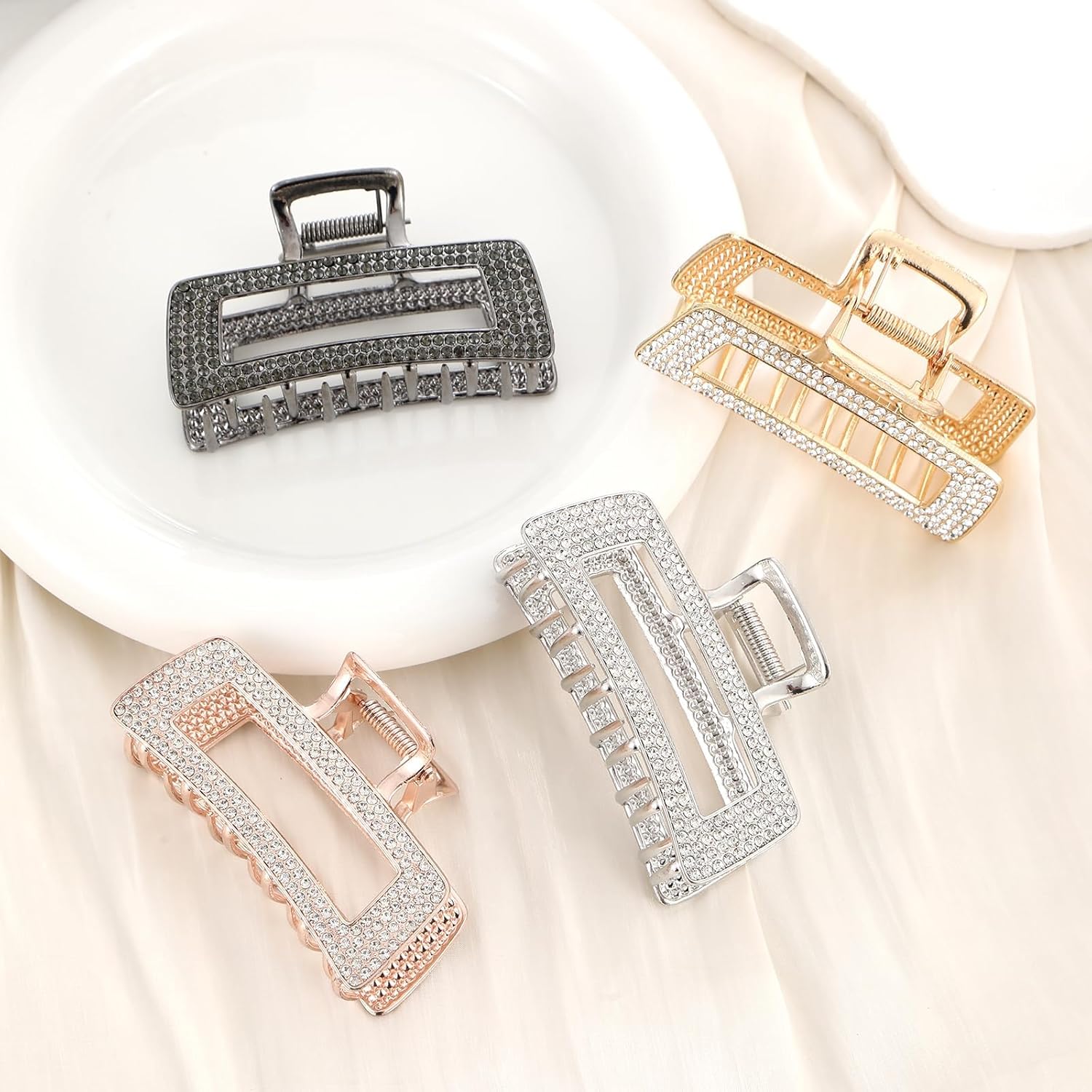 WORTL Pinzas grandes de metal cuadradas de 3.5 pulgadas, paquete de 4 abrazaderas de pelo con diamantes de imitación para mujeres y más delgadas,