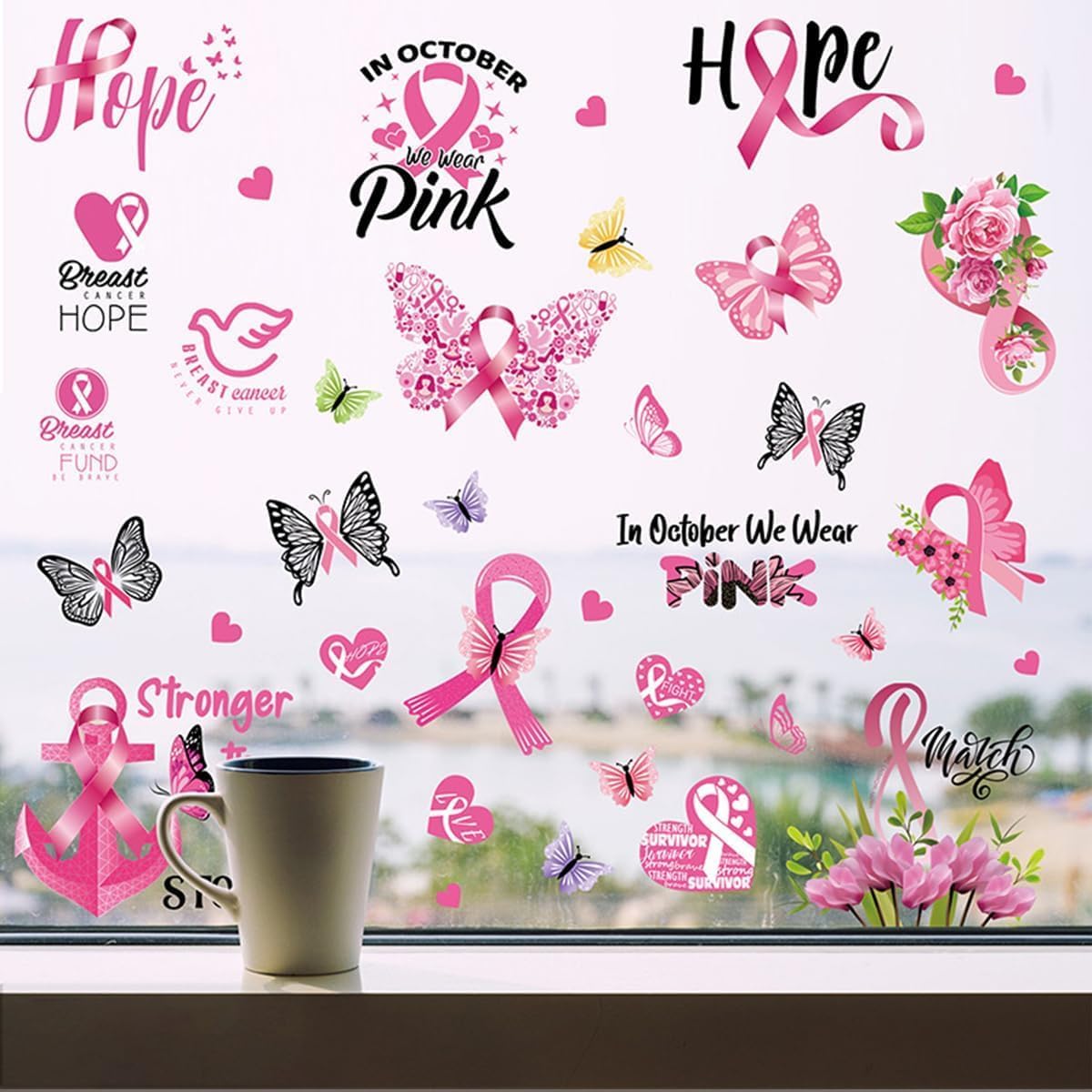9 hojas de calcomanías para ventana de cáncer de mama para vidrio, cinta rosa para mujer, calcomanías de concientización sobre el cáncer de mama,