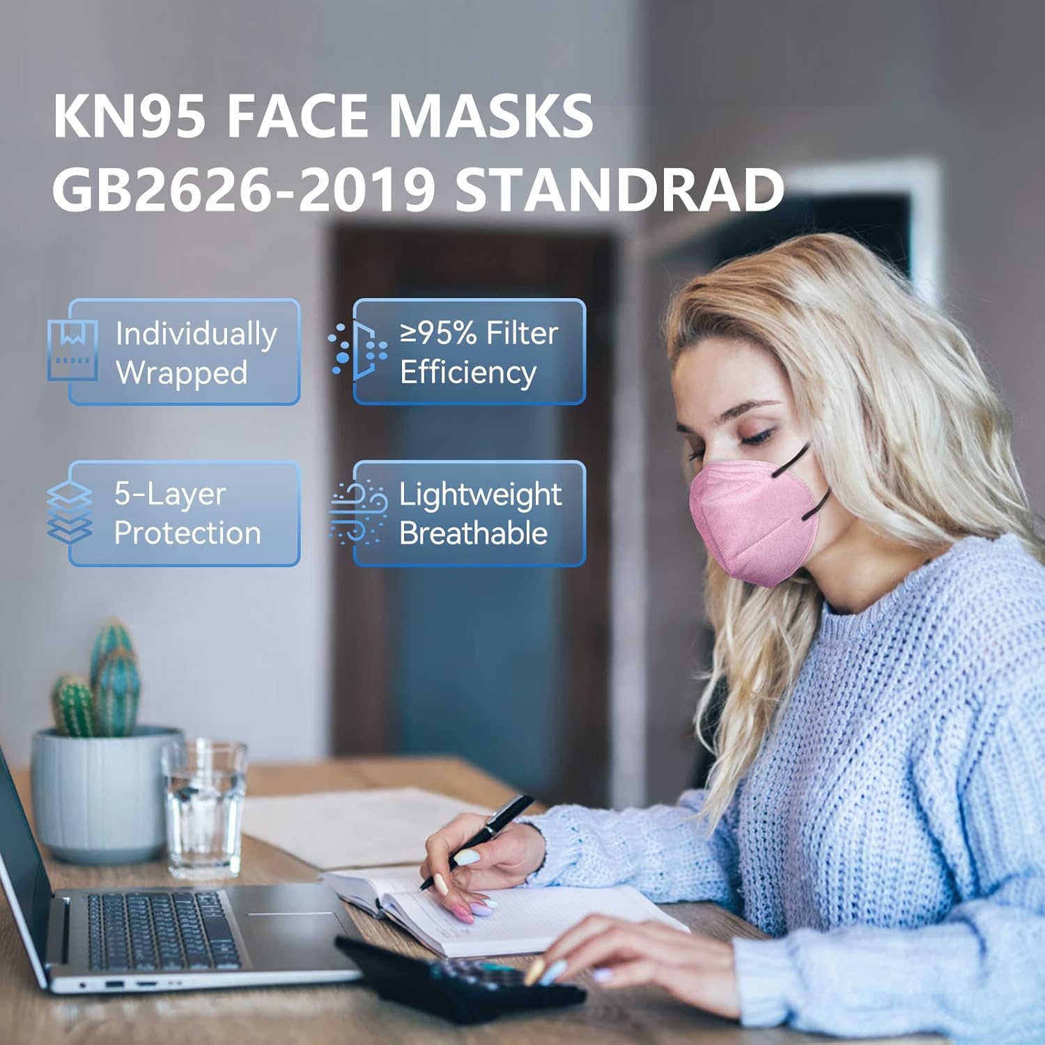 HALIDODO Paquete de 100 mascarillas KN95 envueltas individualmente, 5 capas, transpirable y cómodo, filtro de seguridad con cinta elástica para las