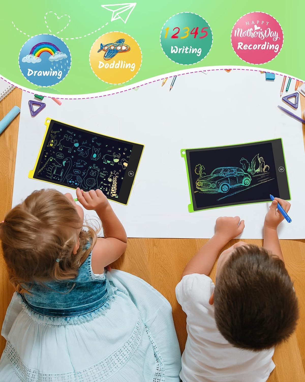 TECJOE Paquete de 2 tabletas de escritura LCD, tableta de dibujo colorida de 8.5 pulgadas para niños, juegos de viaje, actividades de aprendizaje,
