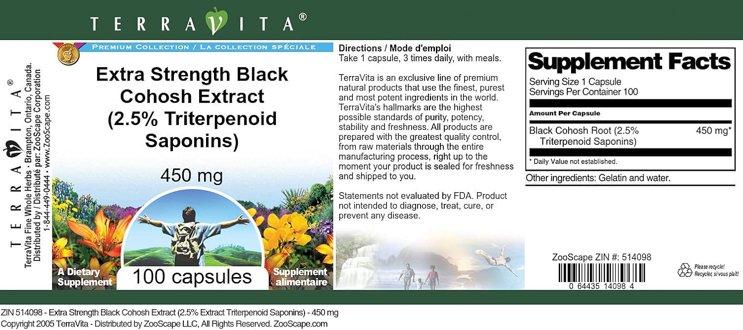 TerraVita Extracto de cohosh negro extra fuerte (2,5% de saponinas triterpenoides) – 450 mg (100 cápsulas, ZIN 514098) – Paquete de 3