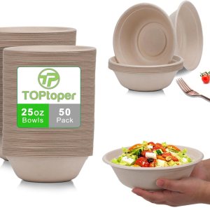 Paquete de 50 cuencos de papel grandes de 25 onzas, cuencos desechables a granel a prueba de fugas y aptos para microondas para uso caliente o frío Paquete de 50 cuencos de papel grandes de 25 onzas, cuencos desechables a granel a prueba de fugas y aptos para microondas para uso caliente o frío