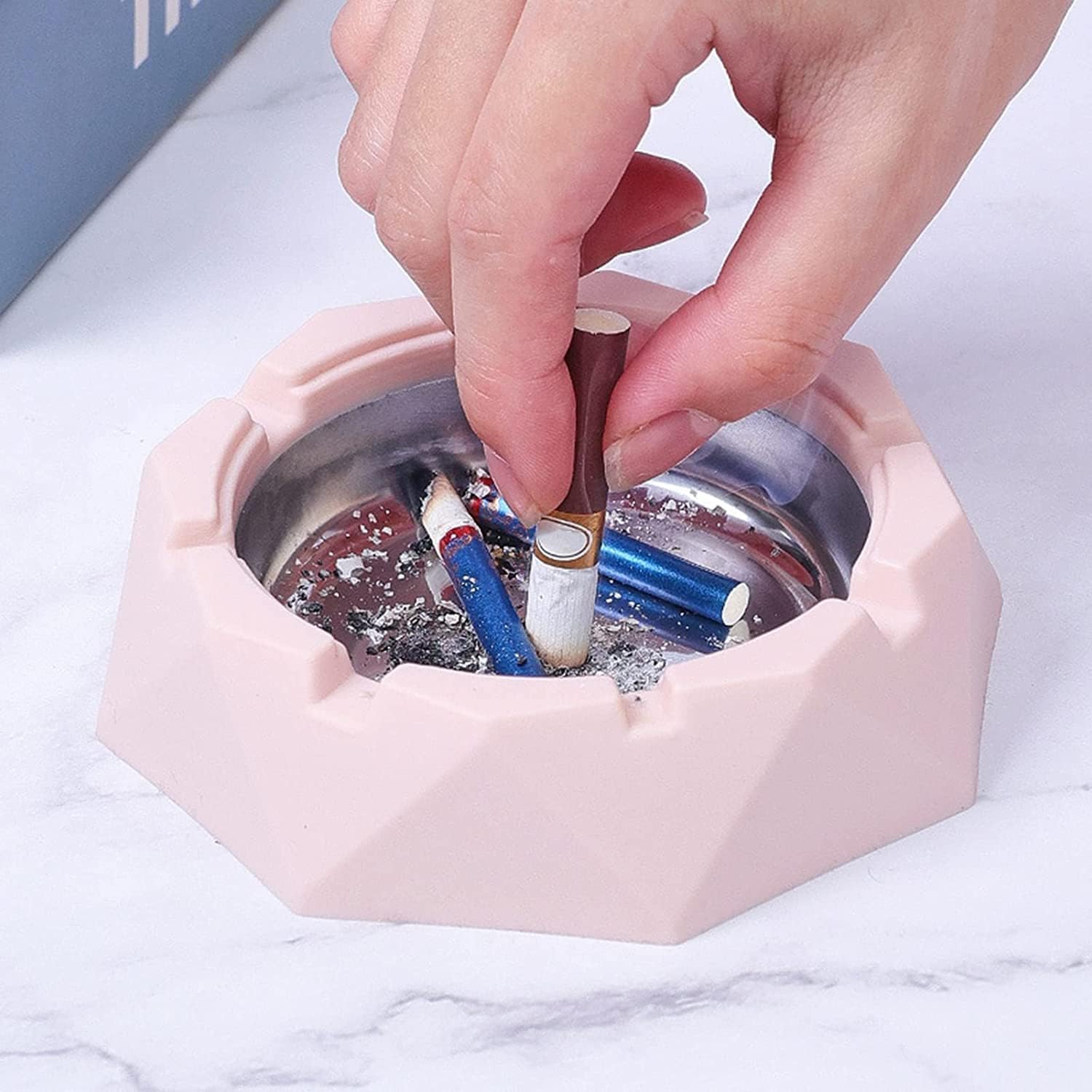 Cenicero rosa de acero inoxidable con tapas, cenicero de cigarrillos para uso en interiores o exteriores, resistente al viento, soporte para cenizas