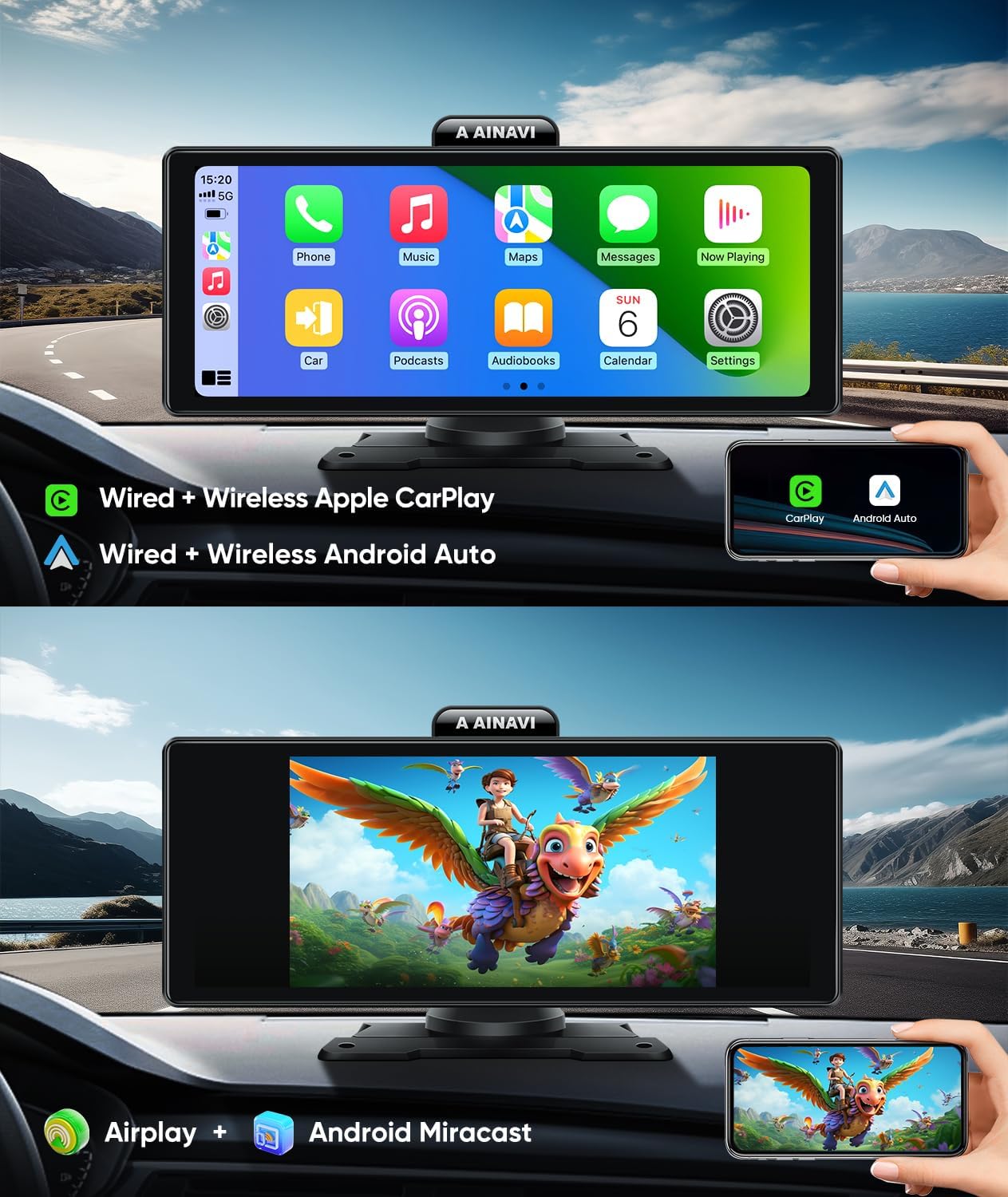 Apple Carplay inalámbrico de 10.26 pulgadas y Android Auto, estéreo portátil para automóvil con cámara de tablero 4K, cámara de respaldo de 1080P,