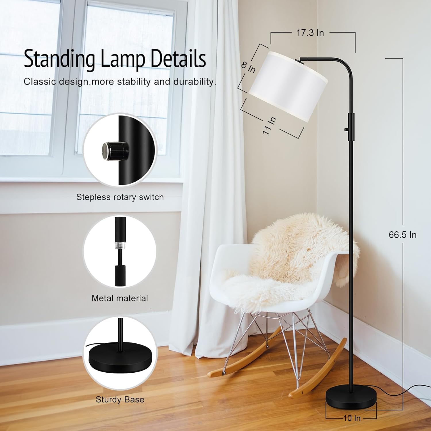 Lámpara de pie regulable, moderna lámpara de pie con bombilla LED (1000 lúmenes, 2700 K), pantalla de lámpara ajustable blanca, interruptor